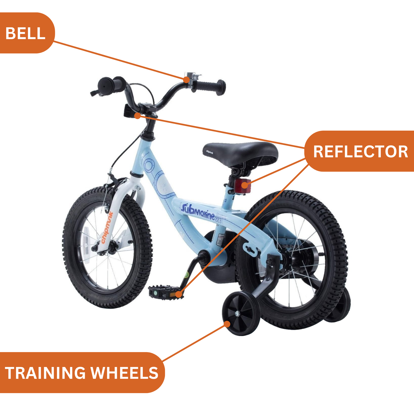 Chipmunk Submarine 18 Inch Bicycle with Lightweight Steel Frame, Adjustable Seat and Handle, Front + Rear Brakes, 95% Pre-Assembled Kid's Bikes with Training Wheels for Children 6-9 Years Old, Blue