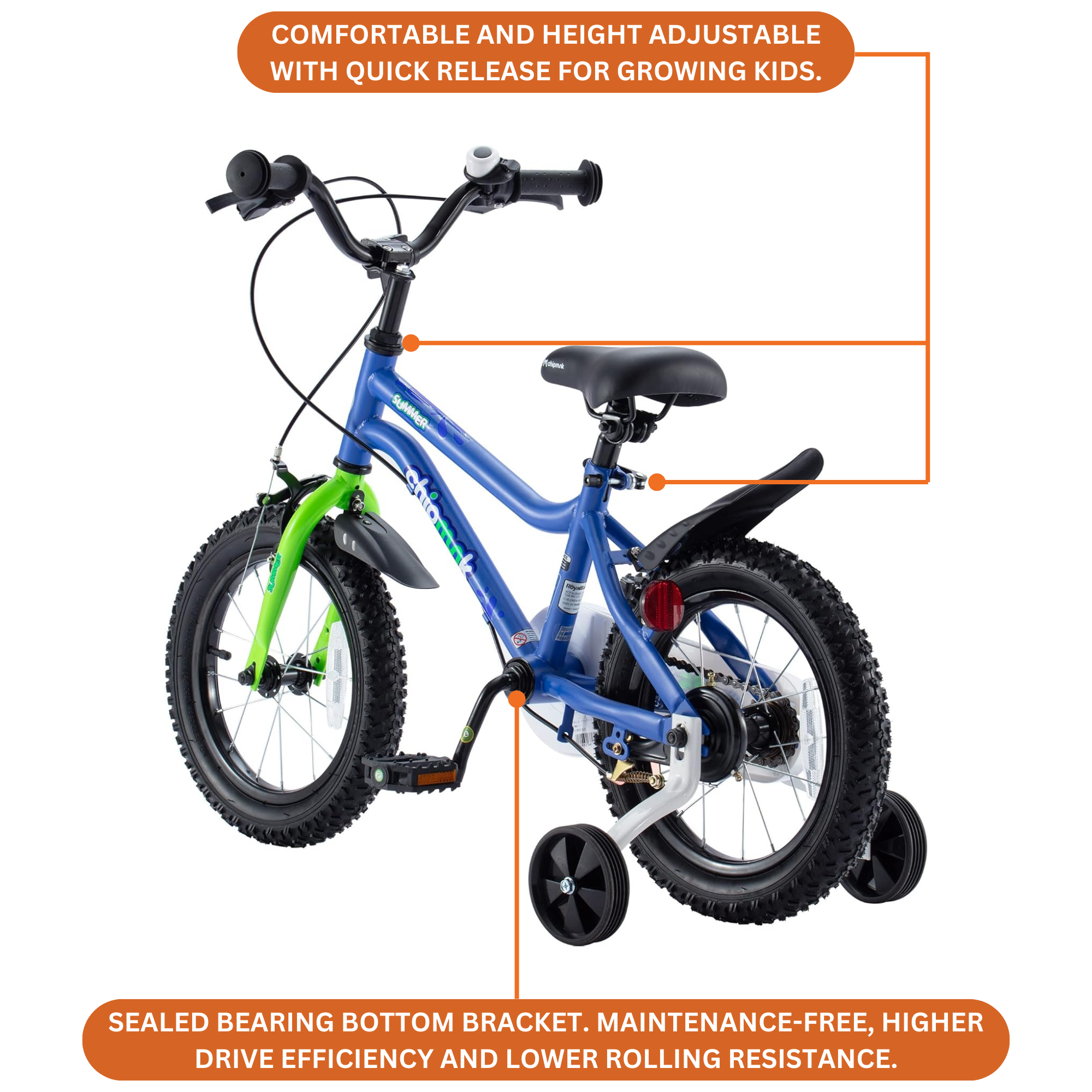 Chipmunk MK 12 Inch Bicycle with Lightweight Steel Frame, Adjustable Seat and Handle, Front + Rear Brakes, 95% Pre-Assembled Kid's Bikes with Training Wheels for Children 2-5 Years Old, Blue