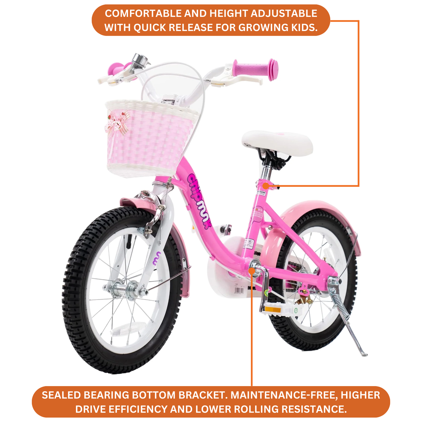 Chipmunk MM 18 Inch Bicycle with Lightweight Steel Frame, Basket, Adjustable Seat and Handle, Front + Rear Brakes, 85% Pre-Assembled Kid's Bikes with Training Wheels for Children 6-9 Years Old, Pink