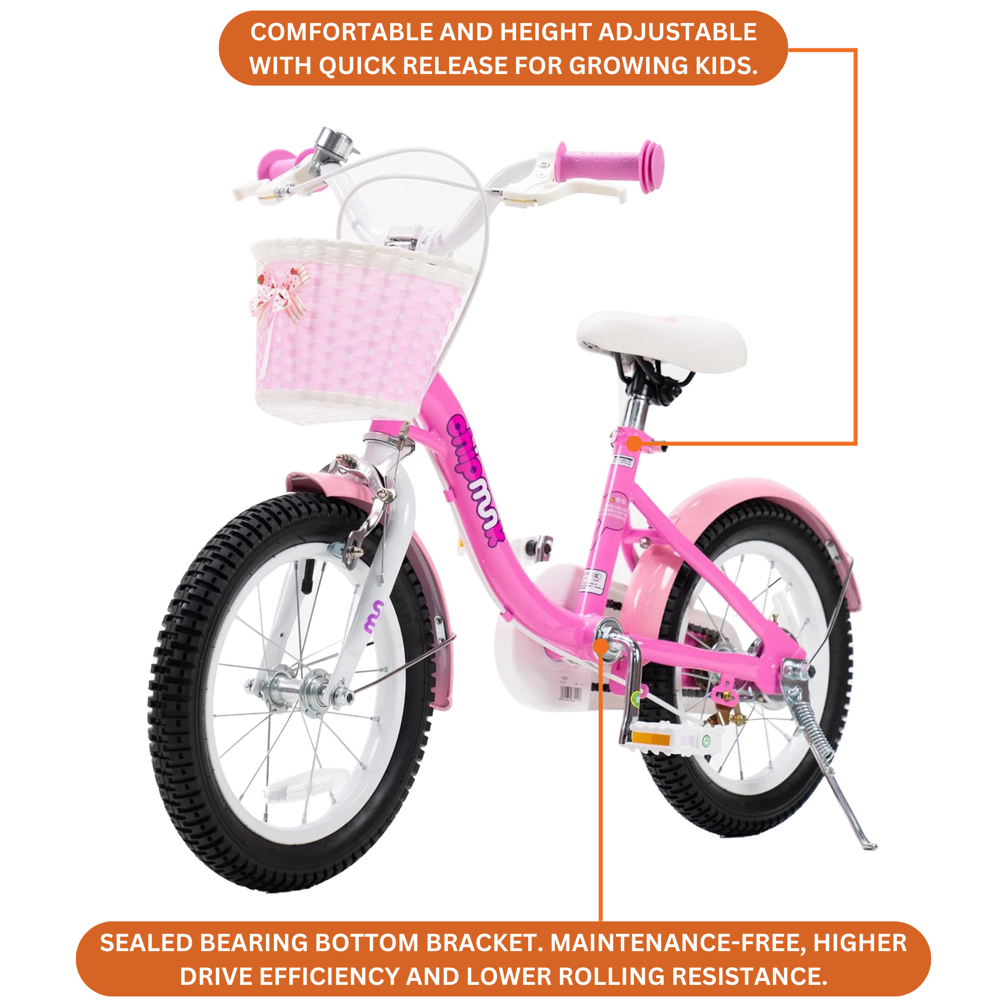 Chipmunk MM 14 Inch Bicycle with Lightweight Steel Frame, Basket, Adjustable Seat and Handle, Front + Rear Brakes, 85% Pre-Assembled Kid's Bikes with Training Wheels for Children 3-6 Years Old, Pink