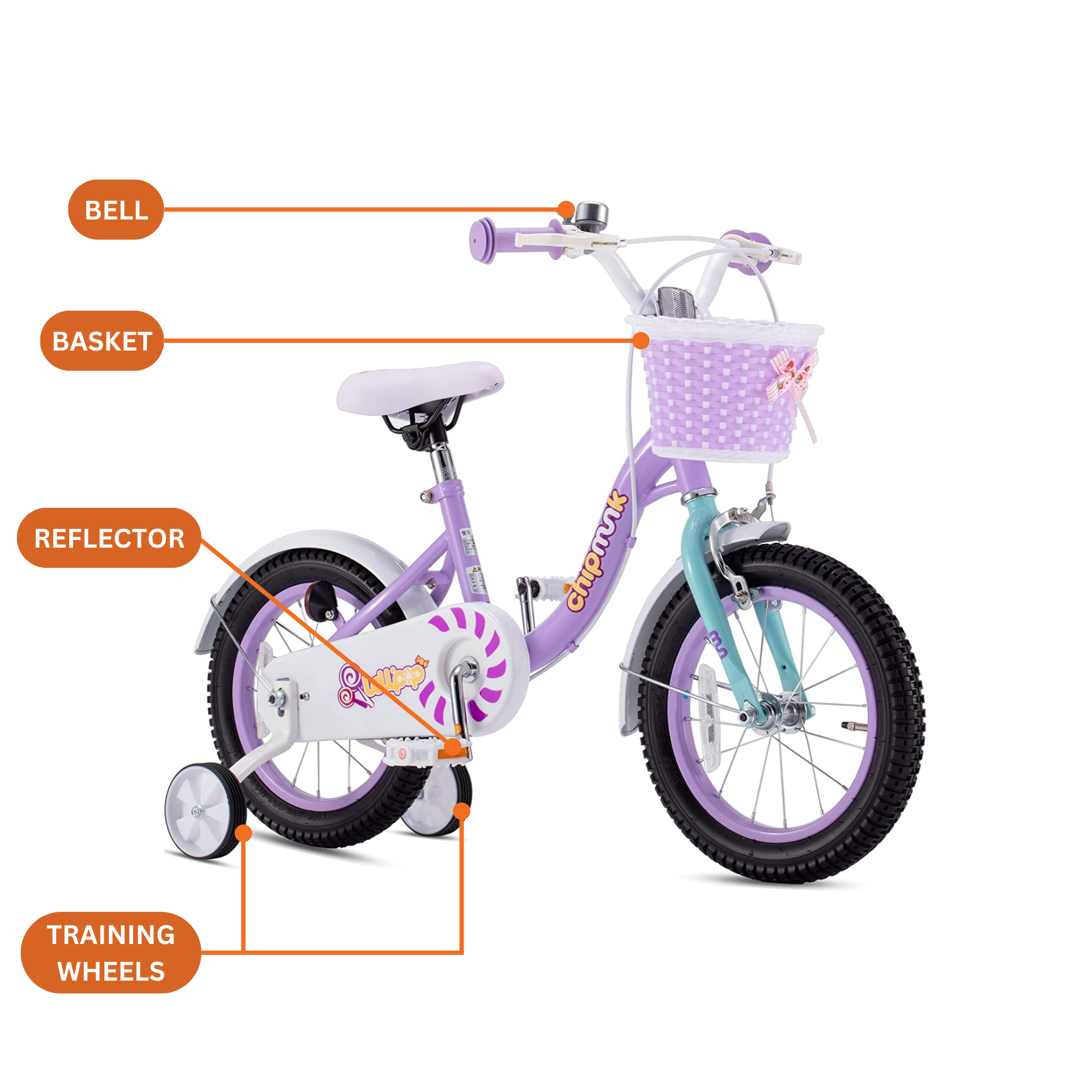 Chipmunk MM 18 Inch Bicycle with Lightweight Steel Frame, Basket, Adjustable Seat and Handle, Front + Rear Brakes, 85% Pre-Assembled Kid's Bikes with Training Wheels for Children 6-9 Years Old, Purple