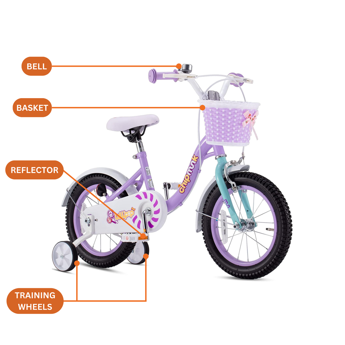 Chipmunk MM 12 Inch Bicycle with Lightweight Steel Frame, Basket, Adjustable Seat and Handle, Front + Rear Brakes, 85% Pre-Assembled Kid's Bikes with Training Wheels for Children 2-5 Years Old, Purple