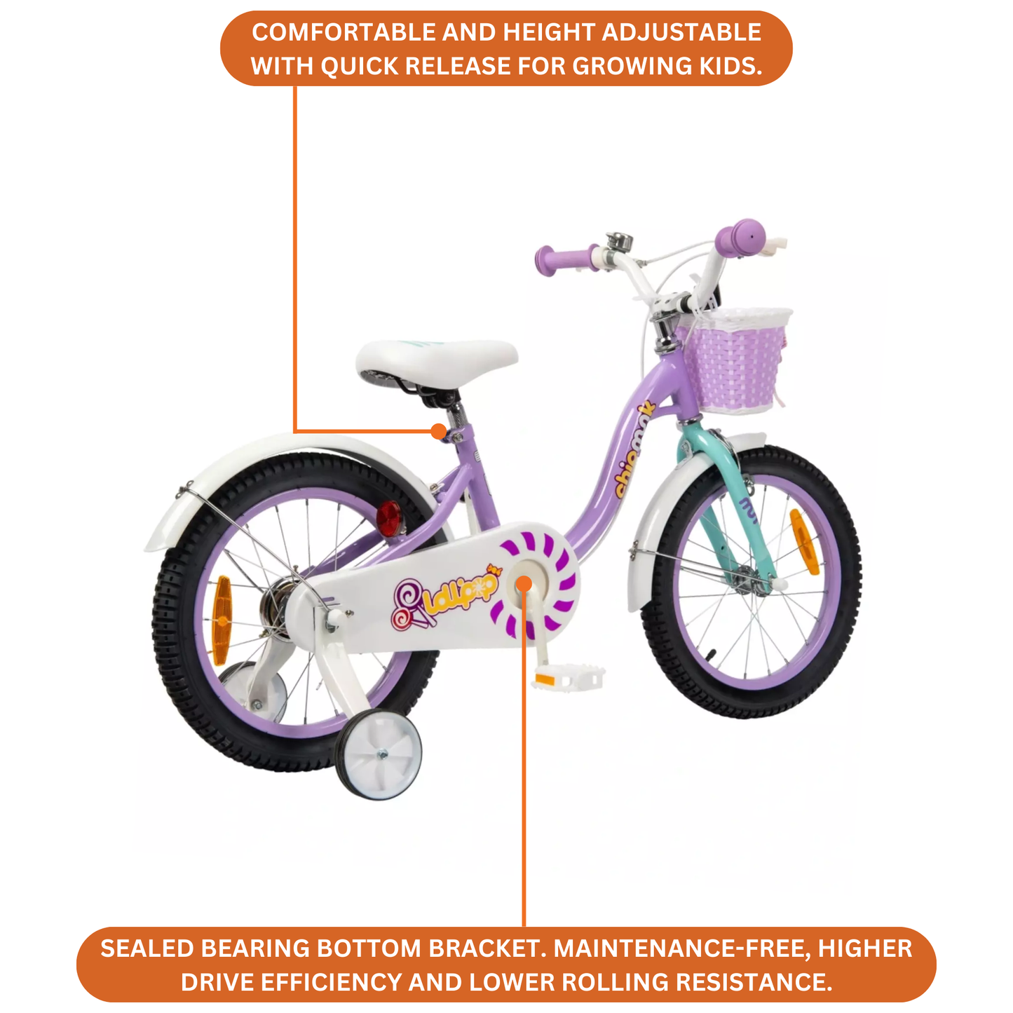 Chipmunk MM 12 Inch Bicycle with Lightweight Steel Frame, Basket, Adjustable Seat and Handle, Front + Rear Brakes, 85% Pre-Assembled Kid's Bikes with Training Wheels for Children 2-5 Years Old, Purple