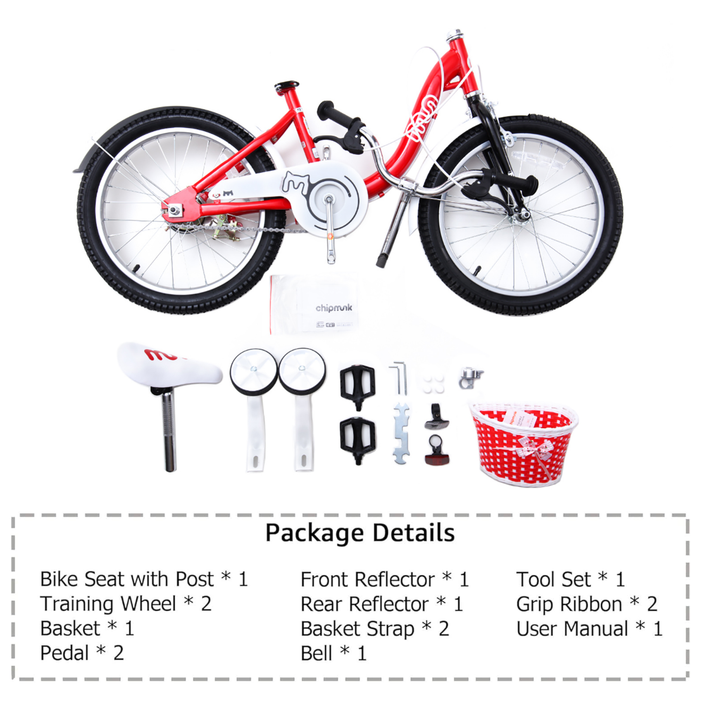 Chipmunk MM 12 Inch Bicycle with Lightweight Steel Frame, Basket, Adjustable Seat and Handle, Front + Rear Brakes, 85% Pre-Assembled Kid's Bikes with Training Wheels for Children 2-5 Years Old, Pink