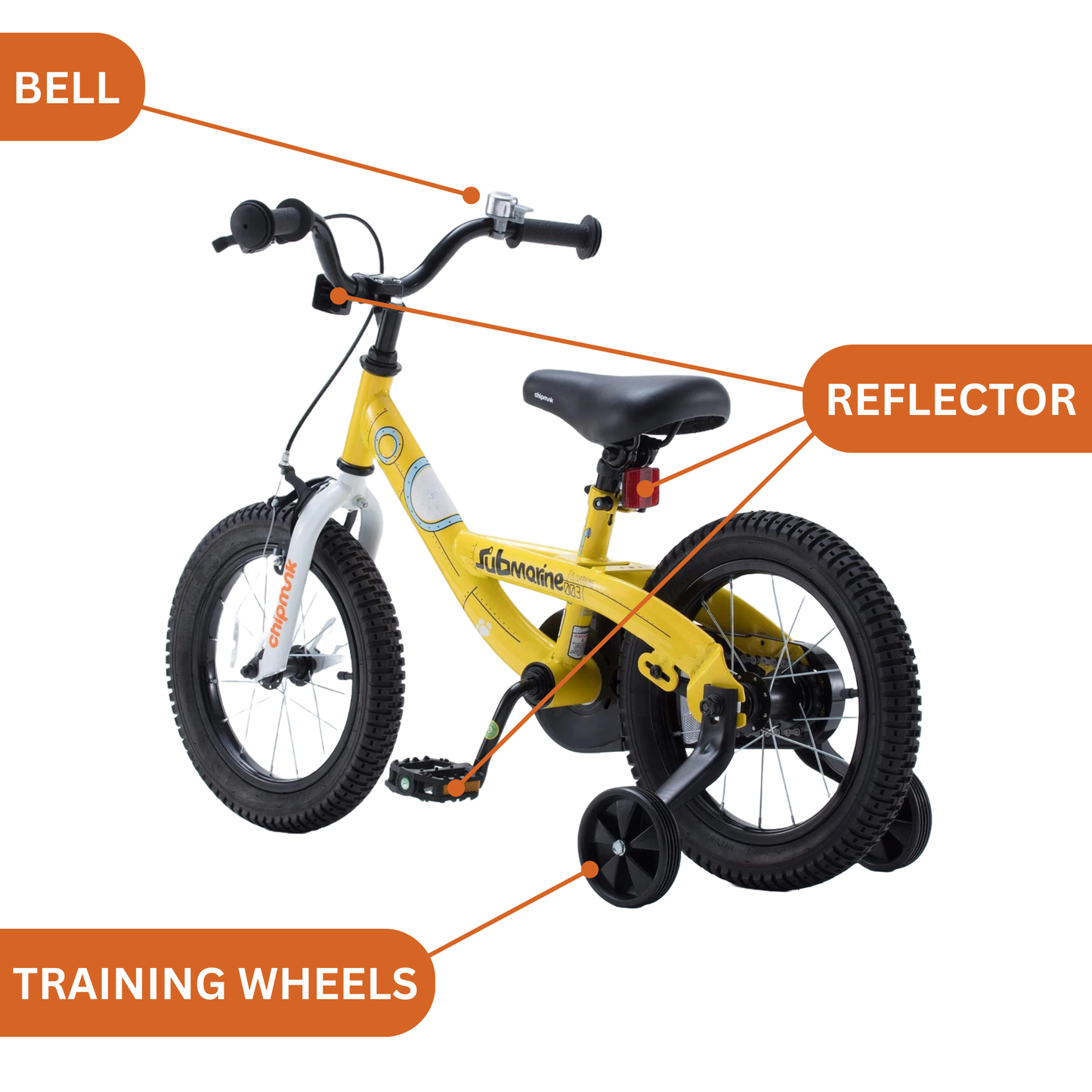 Chipmunk Submarine 18 Inch Bicycle with Lightweight Steel Frame, Adjustable Seat and Handle, Front + Rear Brakes, 95% Pre-Assembled Kid's Bikes with Training Wheels for Children 6-9 Years Old, Yellow