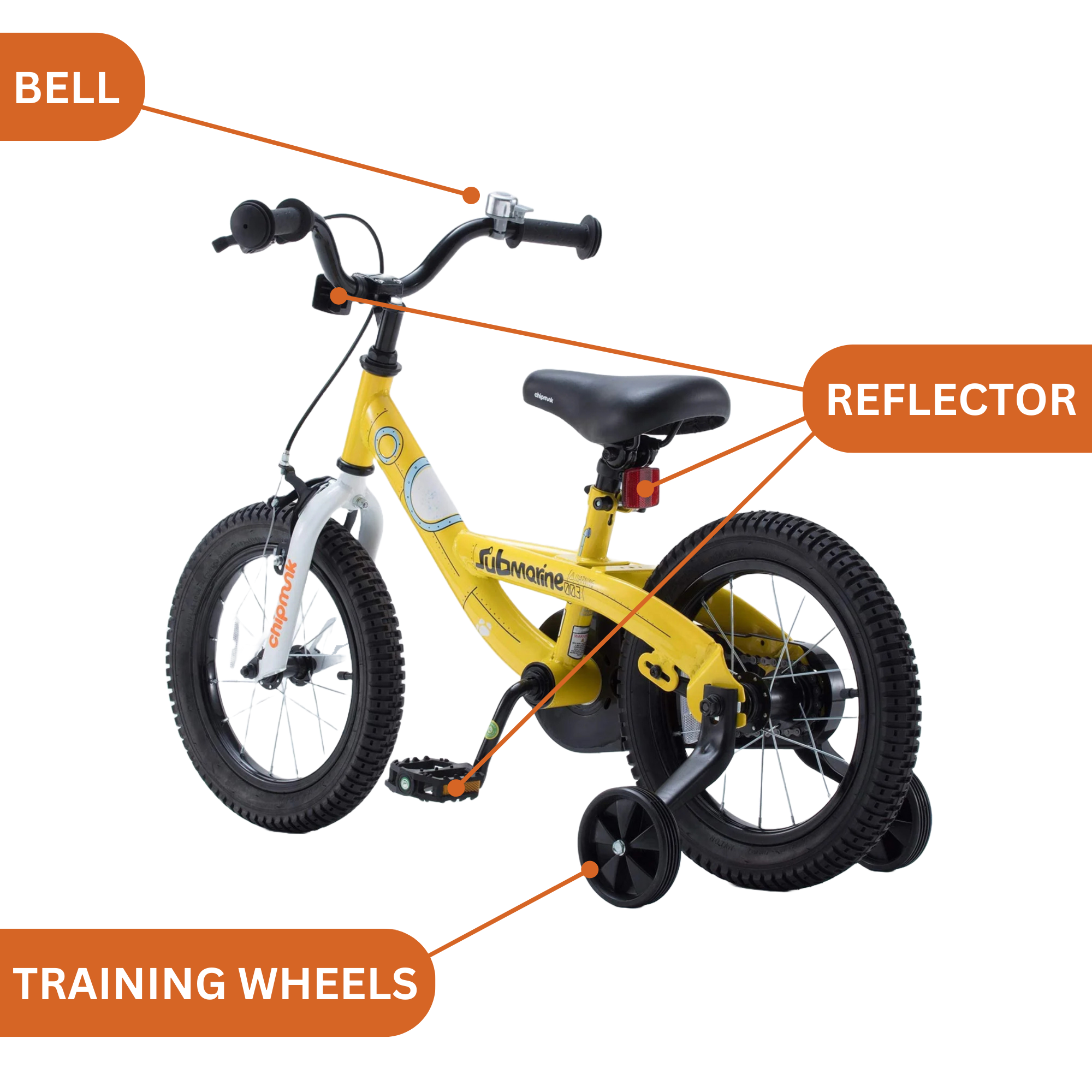 Chipmunk Submarine 12 Inch Bicycle with Lightweight Steel Frame, Adjustable Seat and Handle, Front + Rear Brakes, 95% Pre-Assembled Kid's Bikes with Training Wheels for Children 2-5 Years Old, Yellow