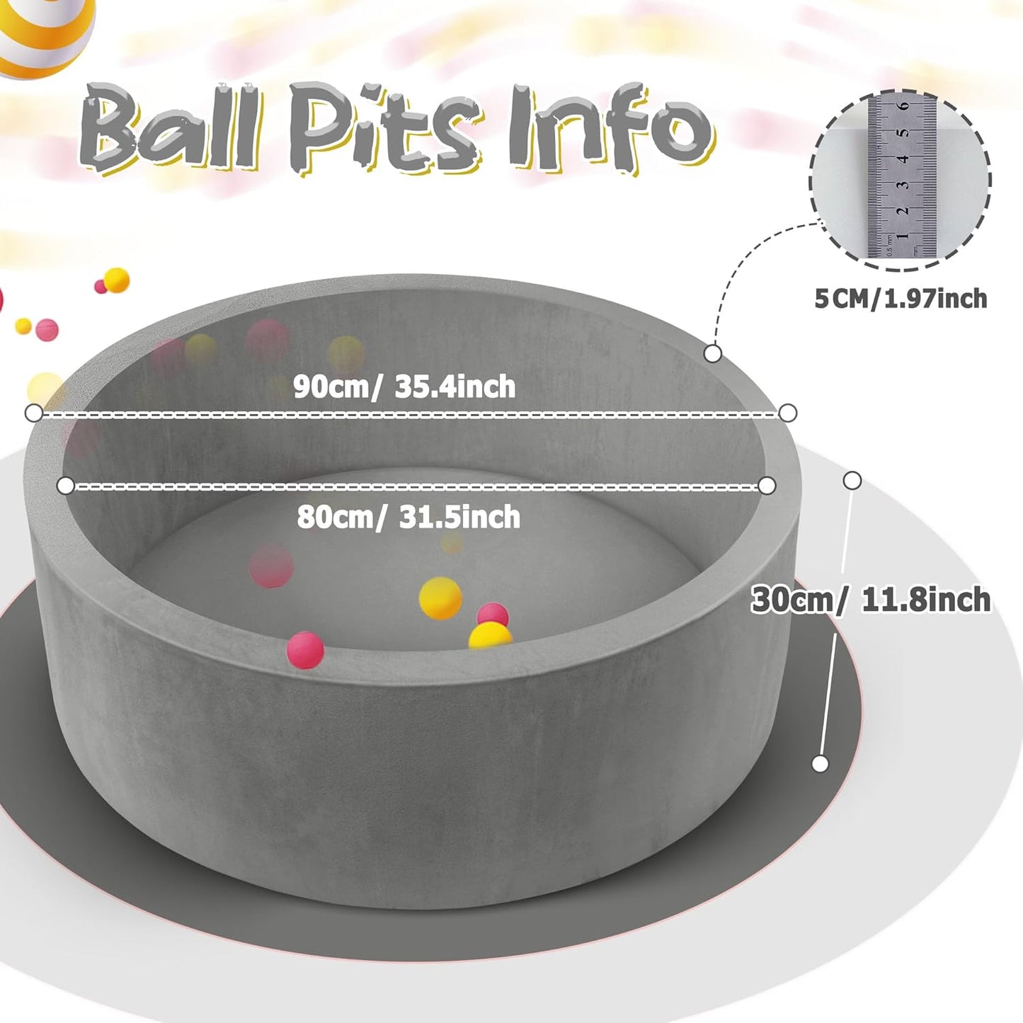Foam Ball Pit for Toddlers 90cm Round Baby Ball Pool with Memory Foam, Soft Playpen Indoor Outdoor Kids Playground, Balls Not Included, Ages 6 Months+