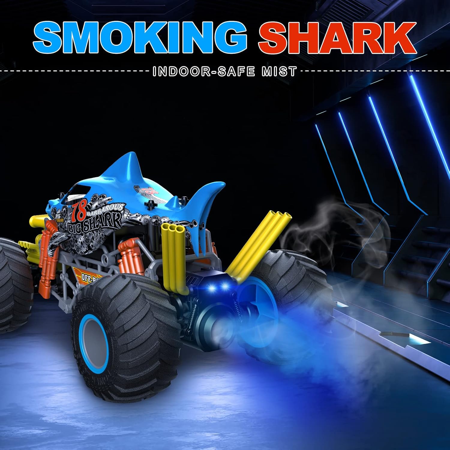 Crazon 1:10 Shark Monster RC Car with Fog Mist Effect, 2.4GHz Remote Control, Dual Rechargeable Batteries, 6+
