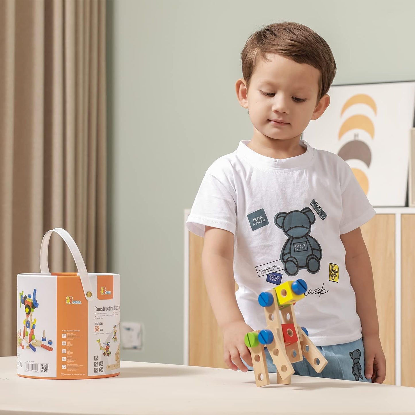 Viga Construction Block Set 68pcs, Wooden Building Blocks for Boys and Girls 3+, Creative Toy for Imaginative Play, Non-Toxic, Stacking and Construction Set