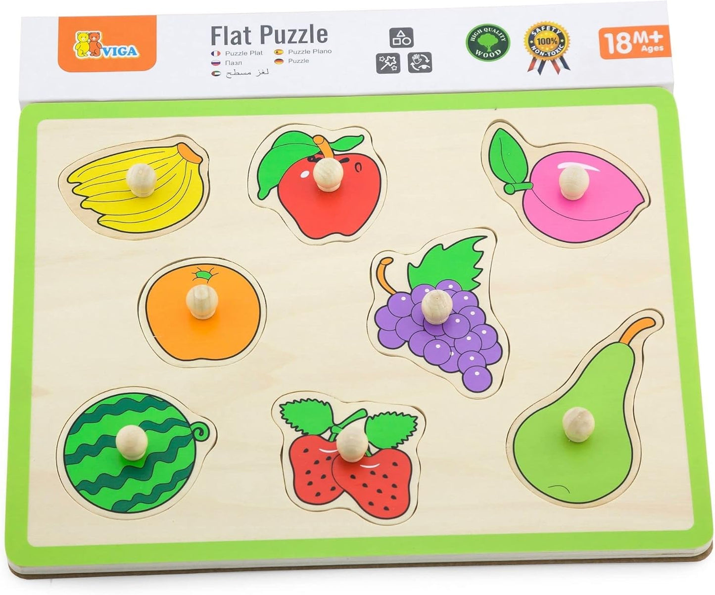 Viga Fruit, 8 Piece Knob Puzzle, Montessori Wooden Toy, Develops Sensory, Cognitive & Fine Motor Skills, Non-Toxic & Eco-friendly Kids Educational Toy, Suitable for Boys and Girls Aged 18M+