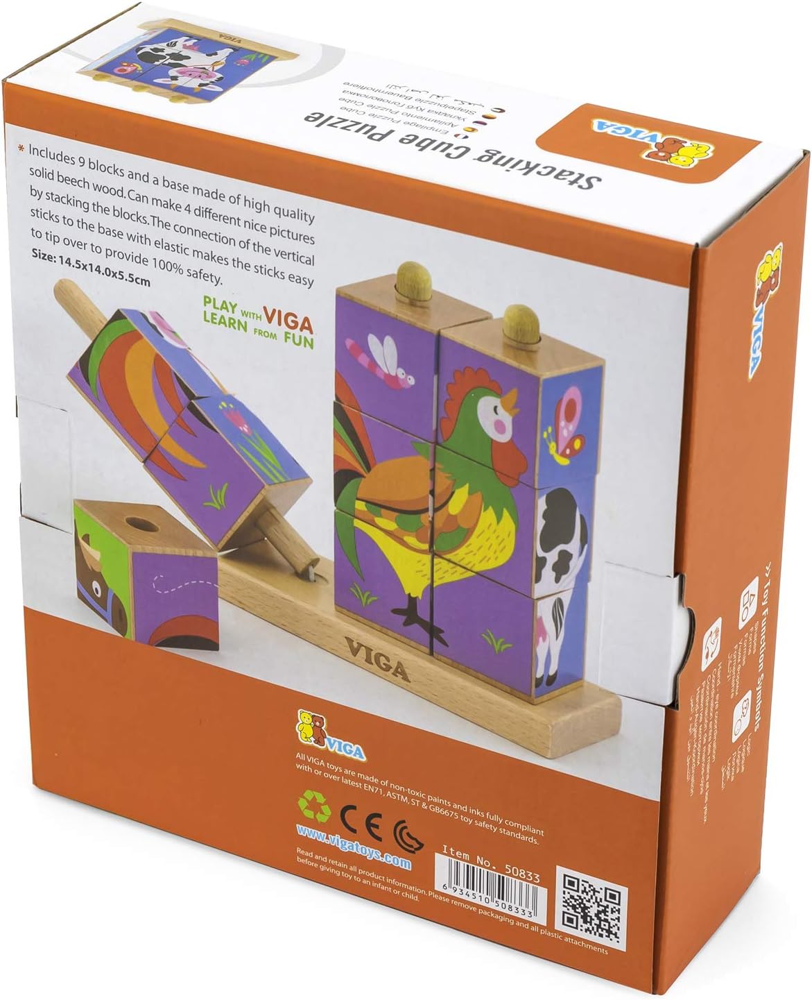 Viga Farm Animals, 9 Piece Cube Puzzle, Montessori Wooden Toy, Develops Sensory, Cognitive & Fine Motor Skills, Non-Toxic & Eco-friendly Kids Educational Toy, Suitable for Boys and Girls Aged 2Y+