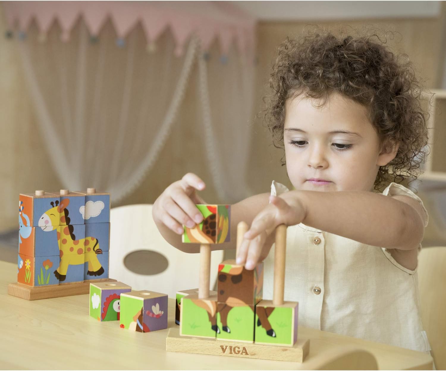 Viga Farm Animals, 9 Piece Cube Puzzle, Montessori Wooden Toy, Develops Sensory, Cognitive & Fine Motor Skills, Non-Toxic & Eco-friendly Kids Educational Toy, Suitable for Boys and Girls Aged 2Y+