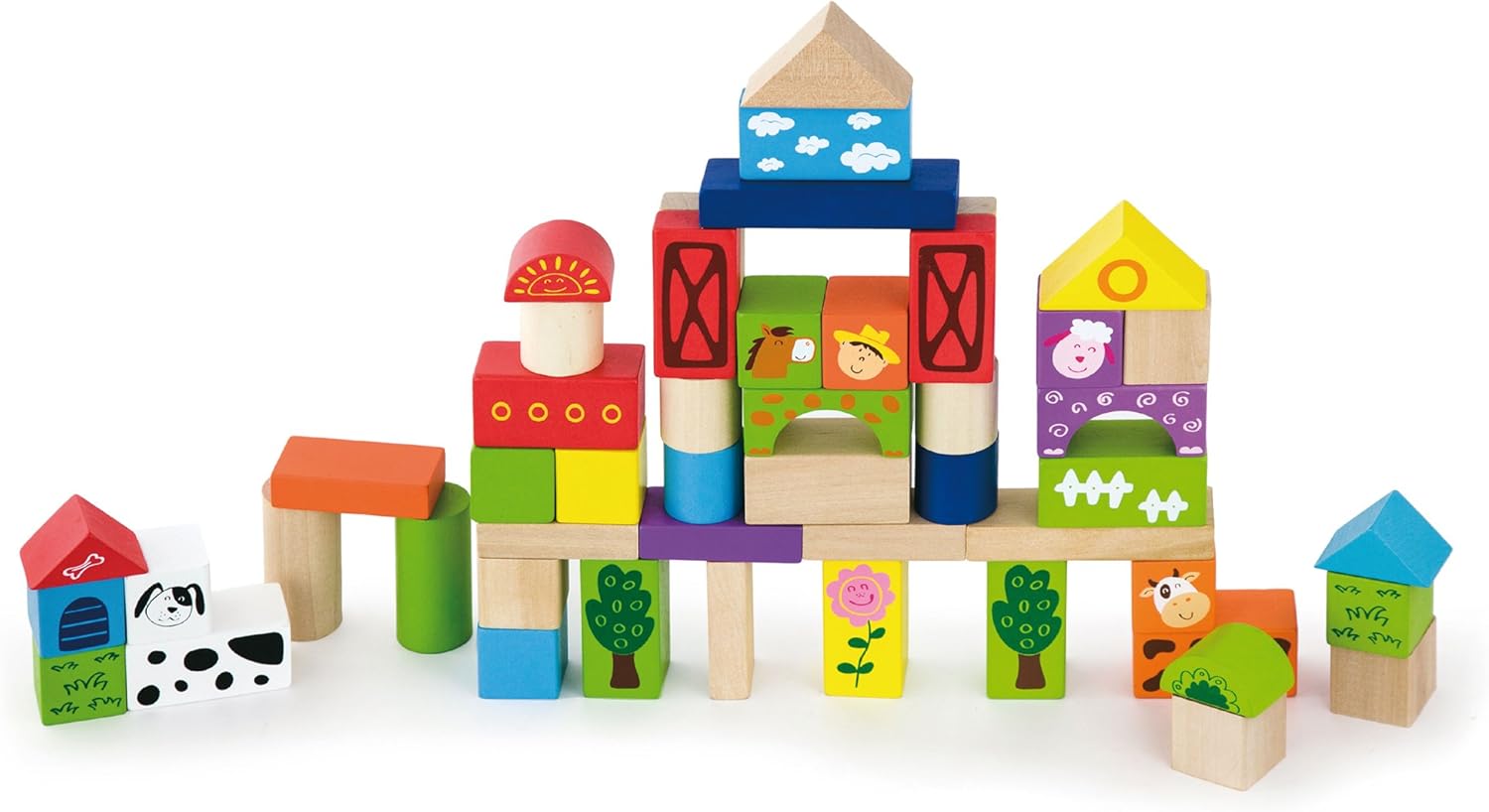 Eitech Viga Wooden Farm Building & Stacking Blocks Tub - 50 Piece - Childrens Construction Toy