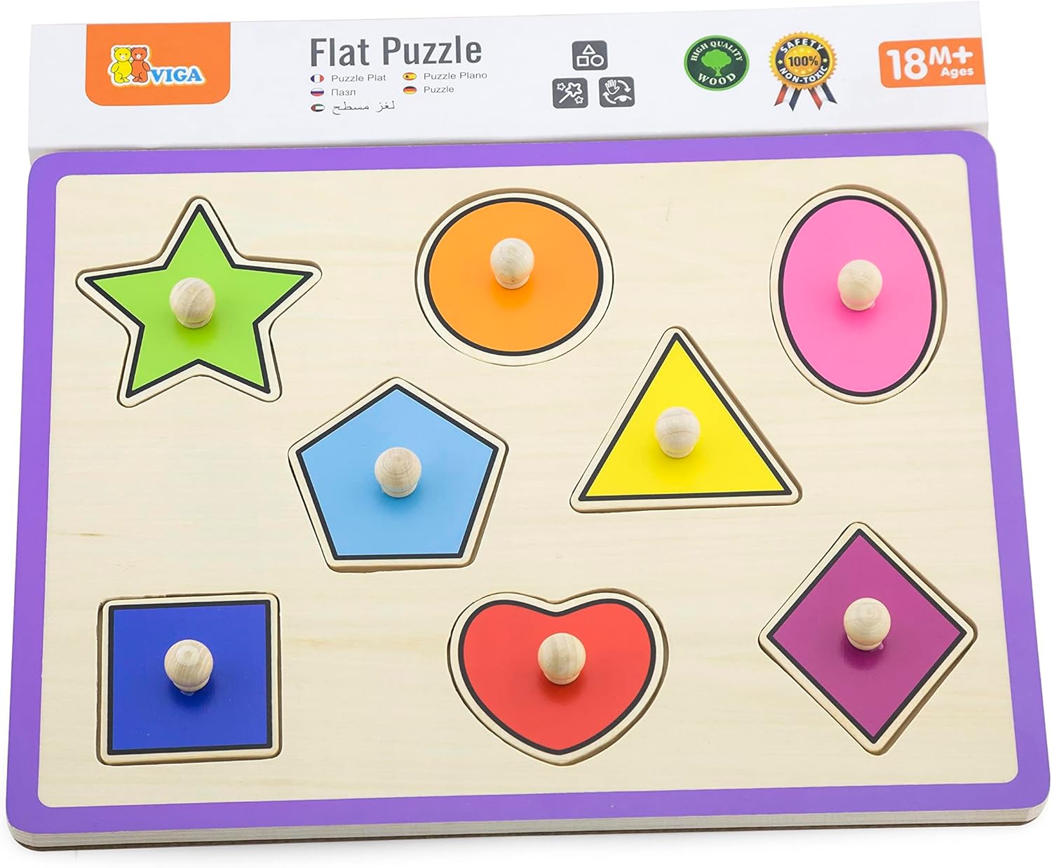 Viga Shapes, 8 Piece Knob Puzzle, Montessori Wooden Toy, Develops Sensory, Cognitive & Fine Motor Skills, Non-Toxic & Eco-friendly Kids Educational Toy, Suitable for Boys and Girls Aged 18M+