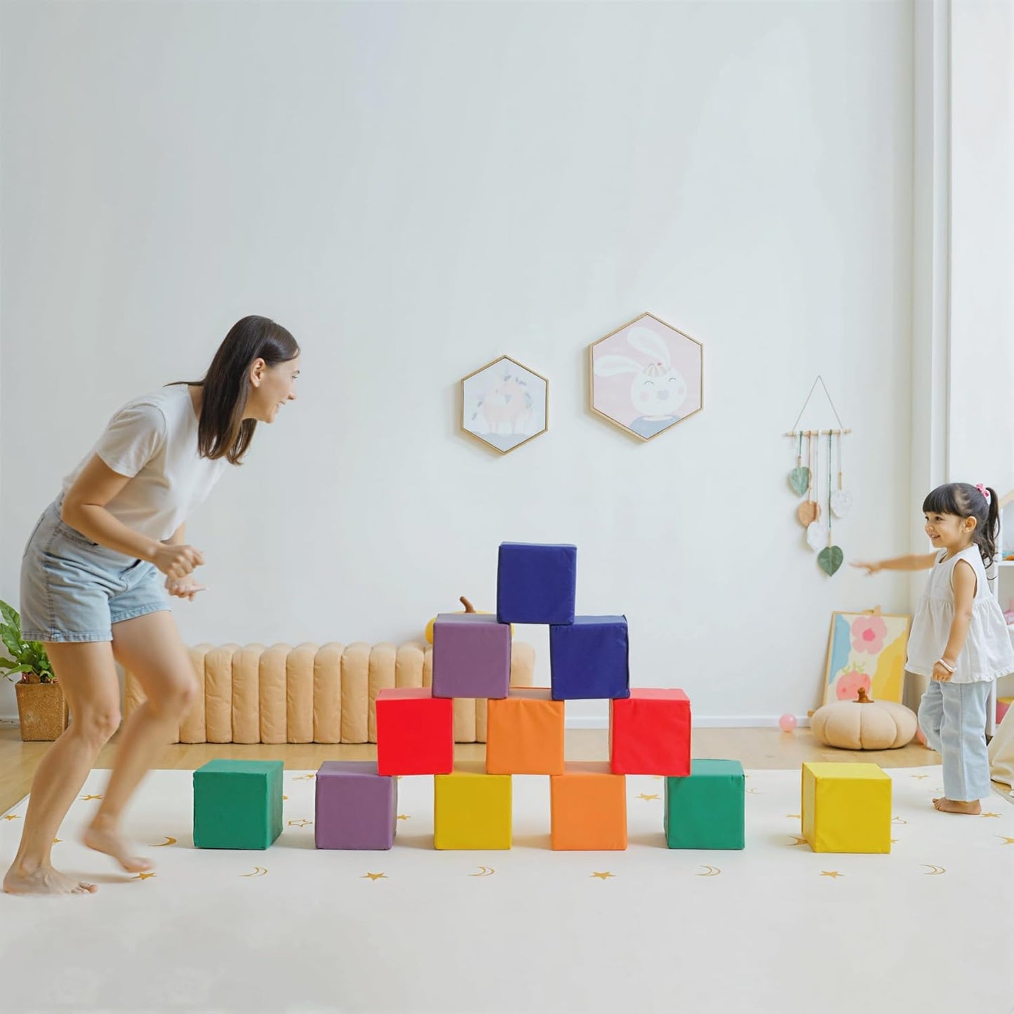 12 Piece Soft Play Foam Blocks Set for Toddlers, Baby Climbing Stacking Building Blocks, Indoor Learning Activity Toy, Safe PU Foam Playset, Ages 18 Months+