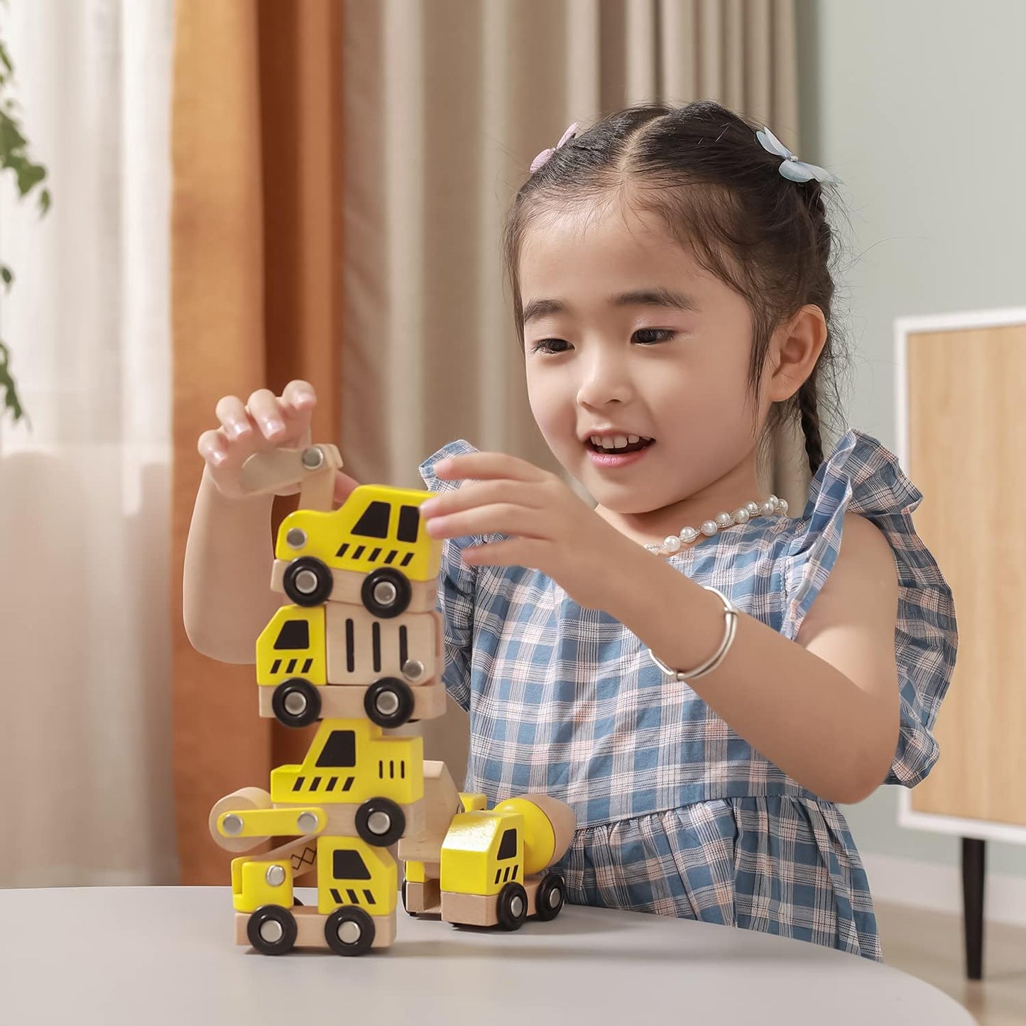 Viga Wooden Construction Vehicles Set, 6-Piece Push Along Play Trucks, Educational Toy, Ages 3+