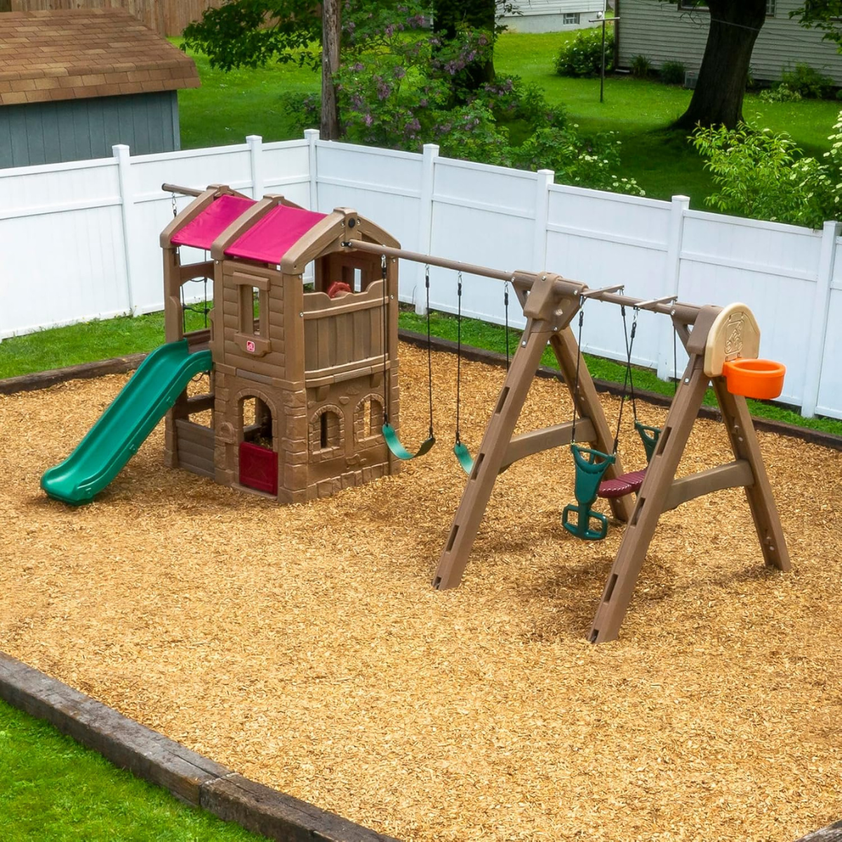 Step2 Advent Lodge Play Center with Glider 801400, Outdoor Climber & Slide, Swings, Basketball Hoop, Rope Ladder, Multicolor Plastic Playset, Sturdy Double-Wall Construction, Ages 3+
