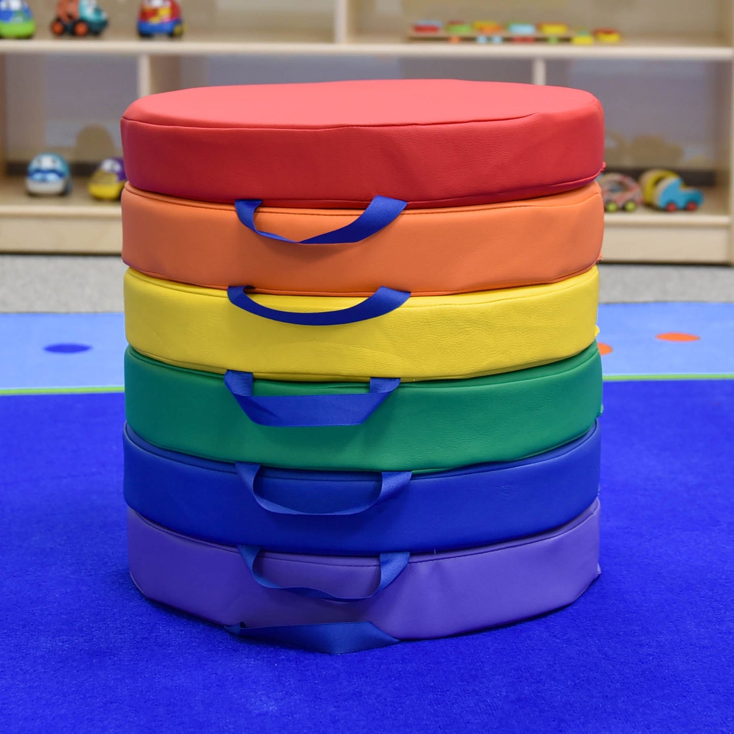 SoftScape Round Floor Cushions 15 Inch 6 Piece Set, Kids Flexible Seating with Handles and Non Slip Base, Foam Classroom and Playroom Floor Pillows, Ages 2+