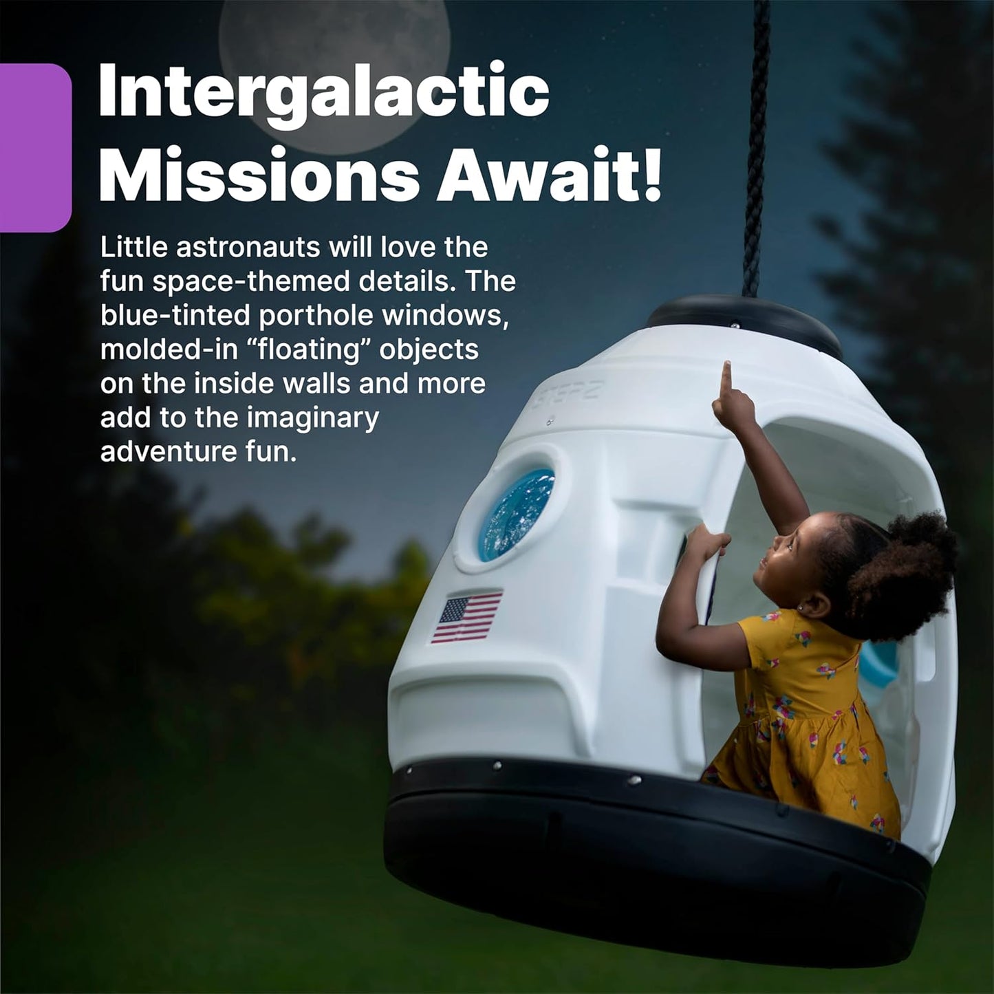 Step2 Space Capsule Swing for Toddlers – Rocket Ship Swing for 2 Kids, Indoor & Outdoor Use, Weather-Resistant Ropes (80 x 73.7 x 85.1 cm)