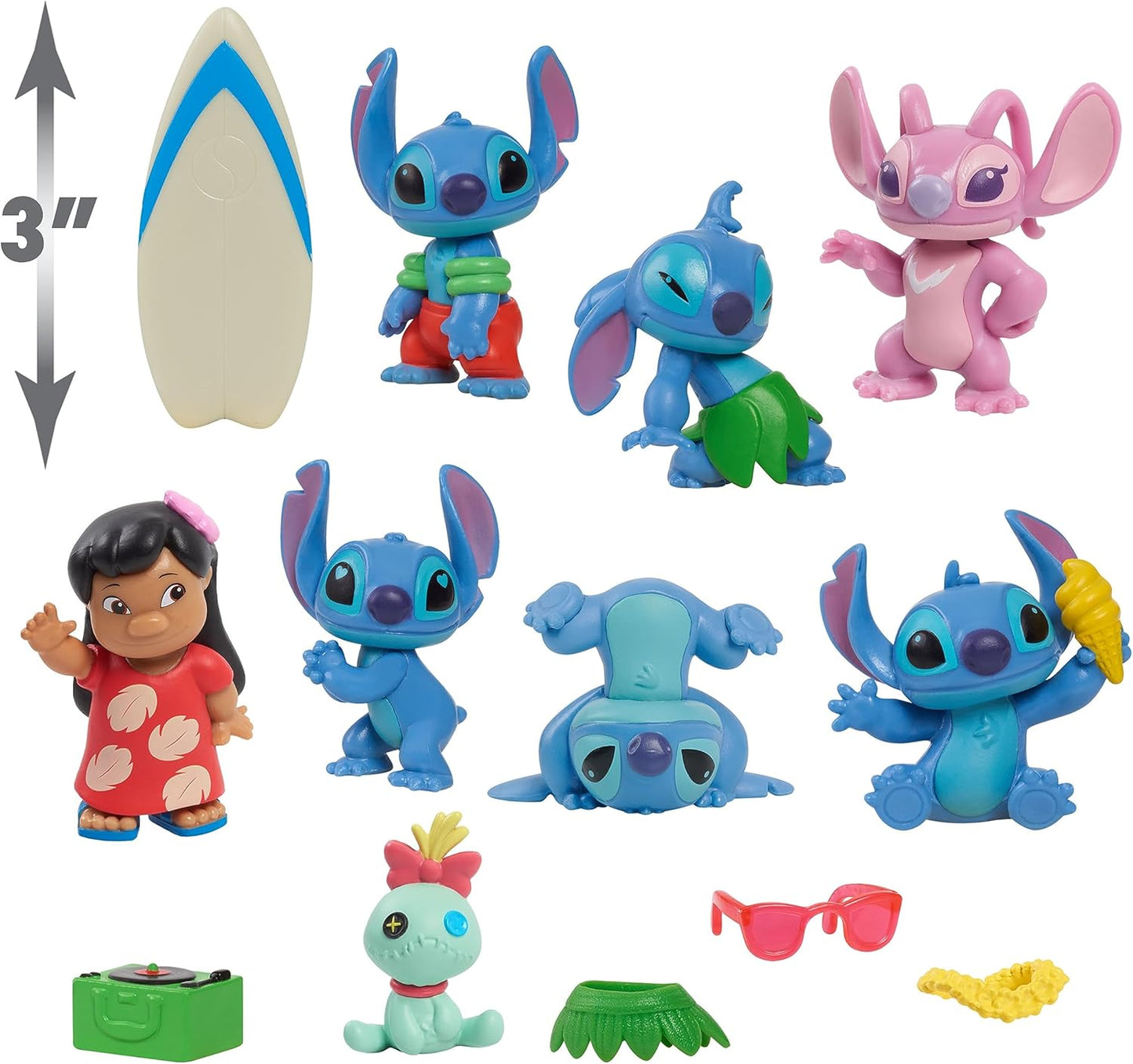 Disney Lilo & Stitch 3" Inch (5 cm) 13 Piece Collectible Stitch Figure Set, Officially Licensed Kids Toys By Just Play, Suitable for Children, Boys and Girls, Aged 3 Years+