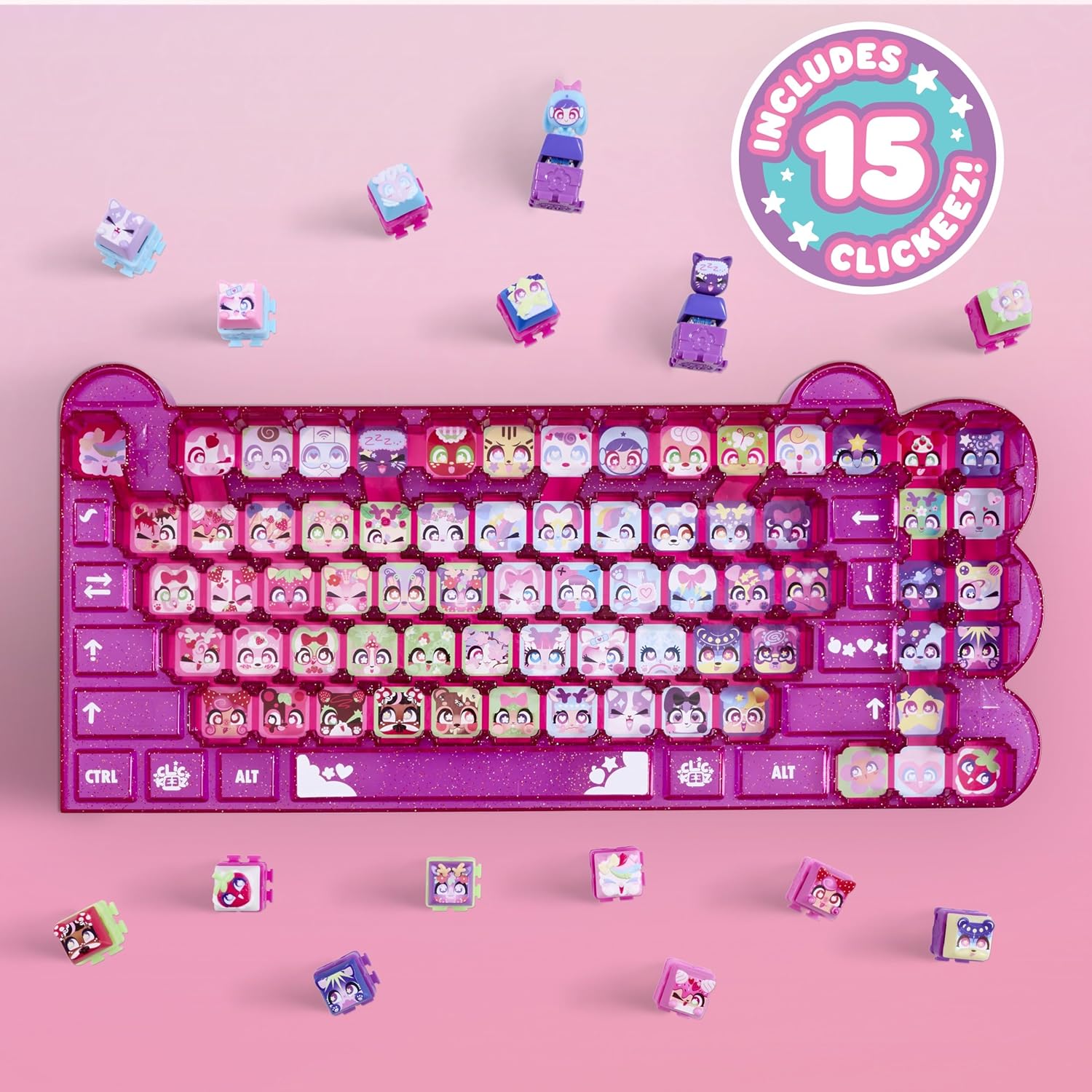 Clickeez Keyboard Mega Pack Collectible Fidget Key Caps Set with Storage Keyboard and 15 Clickable Characters Stress Relief Sensory Toy for Kids Ages 6+