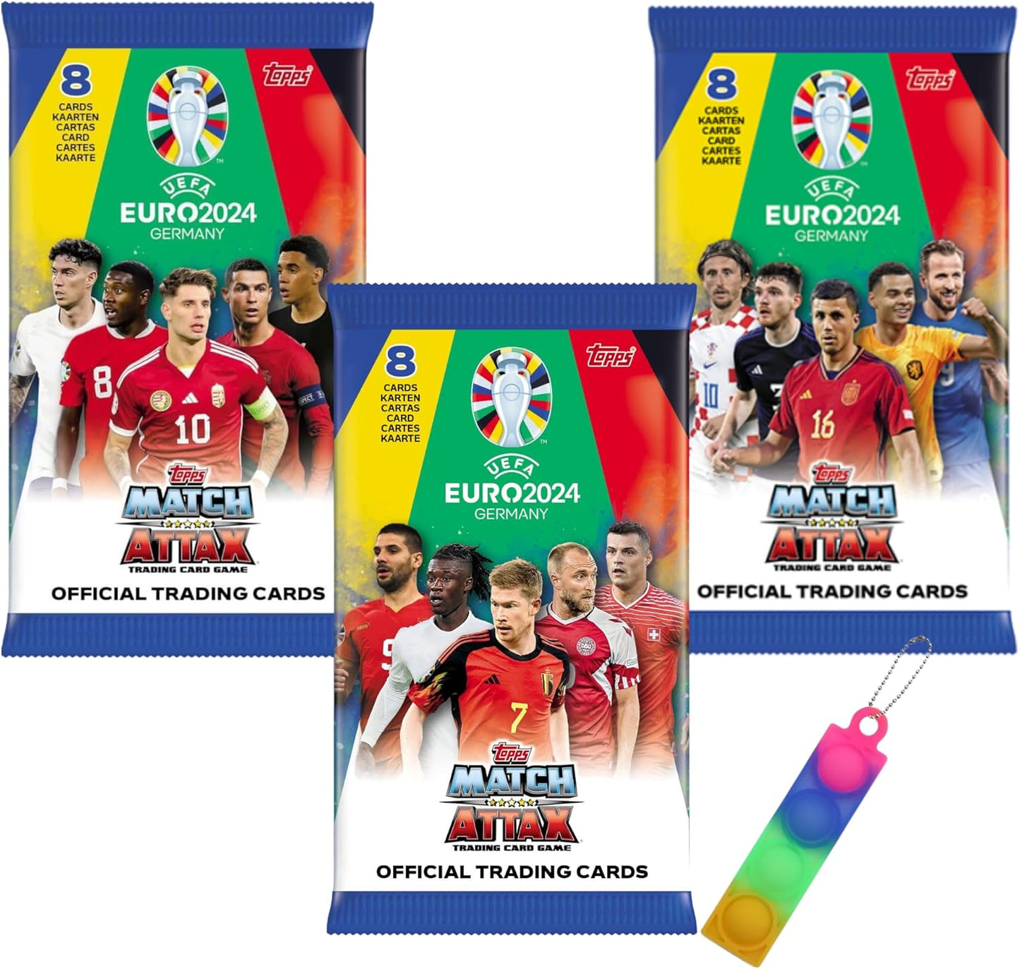 Topps Match Attax UEFA Euro 2024 Trading Cards, 3 Pack with Bonus OY Fidget Keyring, Soccer Cards Collectible Set