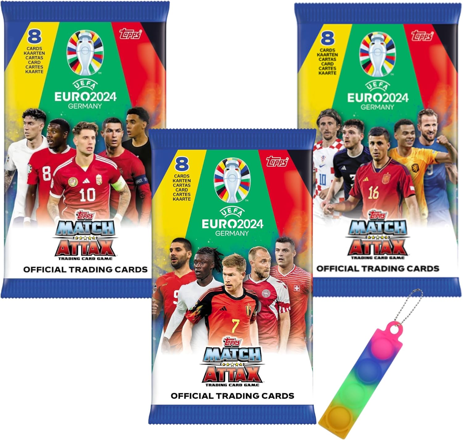 Topps Match Attax UEFA Euro 2024 Trading Cards, 3 Pack with Bonus OY Fidget Keyring, Soccer Cards Collectible Set