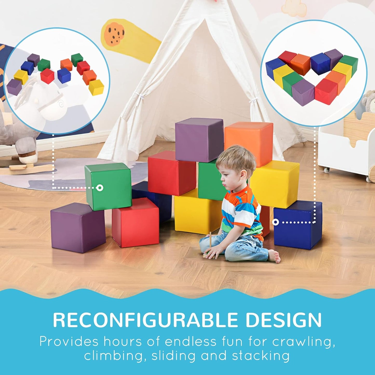 12 Piece Soft Play Foam Blocks Set for Toddlers, Baby Climbing Stacking Building Blocks, Indoor Learning Activity Toy, Safe PU Foam Playset, Ages 18 Months+