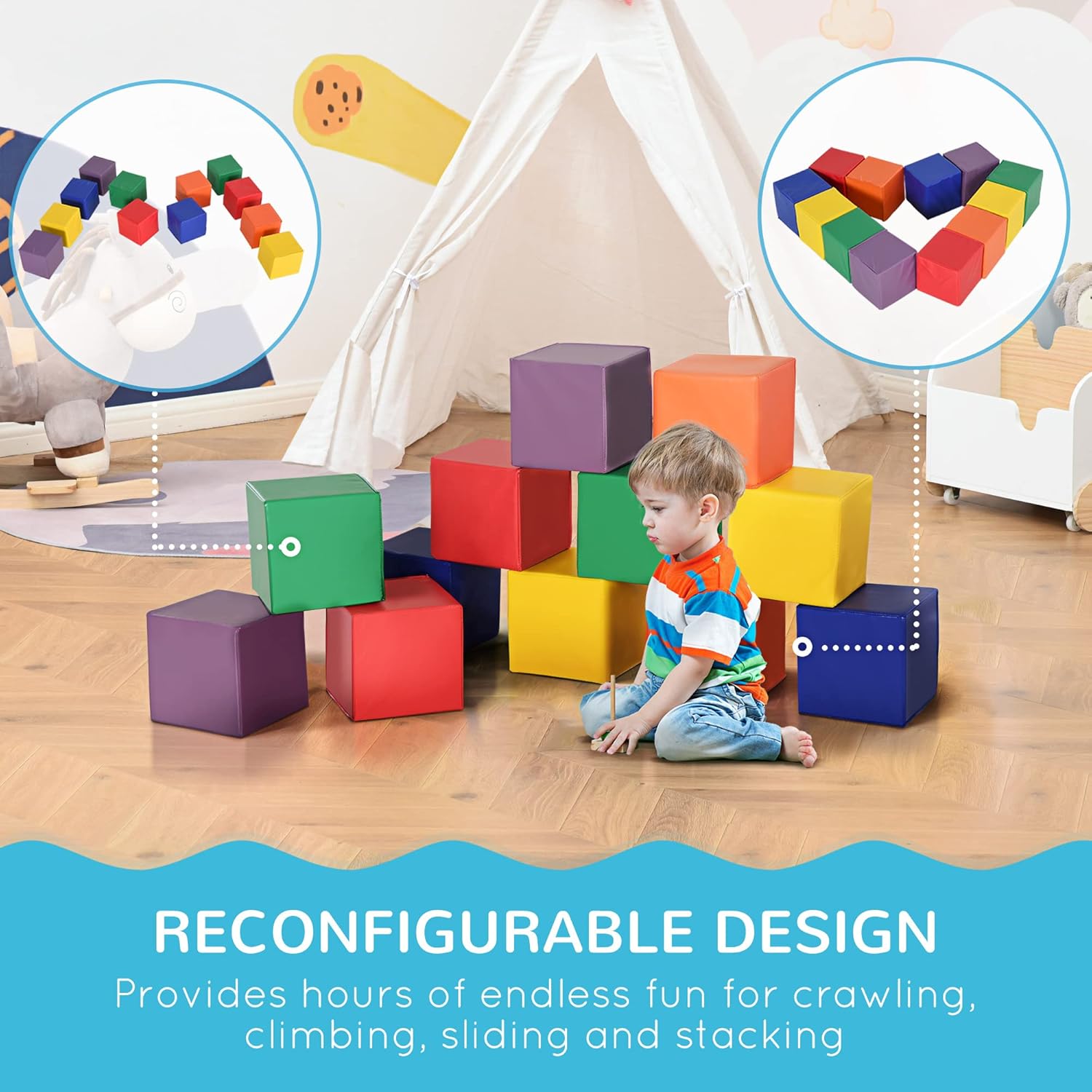 12 Piece Soft Play Foam Blocks Set for Toddlers, Baby Climbing Stacking Building Blocks, Indoor Learning Activity Toy, Safe PU Foam Playset, Ages 18 Months+
