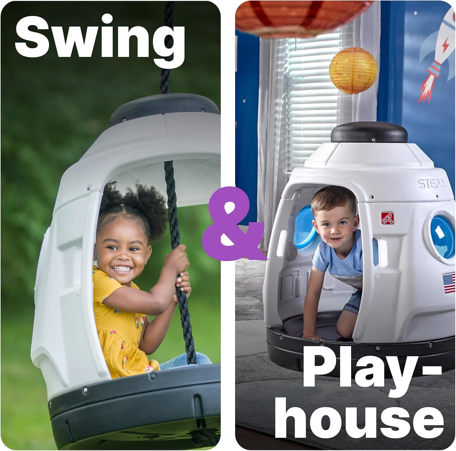Step2 Space Capsule Swing for Toddlers – Rocket Ship Swing for 2 Kids, Indoor & Outdoor Use, Weather-Resistant Ropes (80 x 73.7 x 85.1 cm)