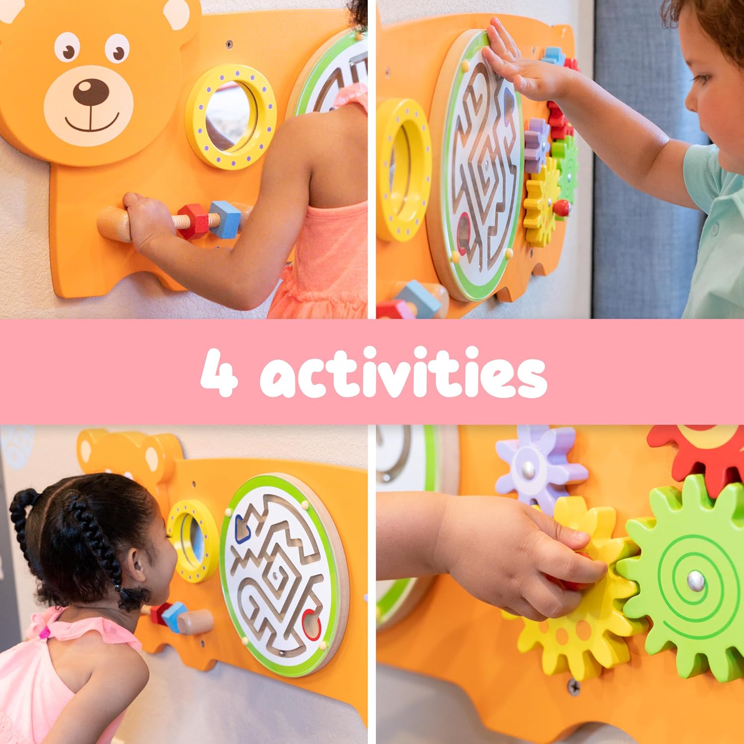Viga Bear Activity Board, Montessori Wooden Wall Toy, Sensory Learning Panel for Brain & Motor Skill Development, Eco-Friendly & Space-Saving Educational Toy, for Boys & Girls 18M+