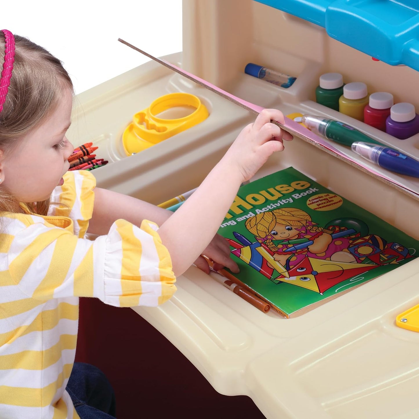 Step2 Deluxe Art Master Desk with Chair for Kids, Large Creative Art Table with Storage Compartments, Dry Erase Drawing Surface, Toddler and Preschool Art Furniture, Multi Colour, 3 Years+