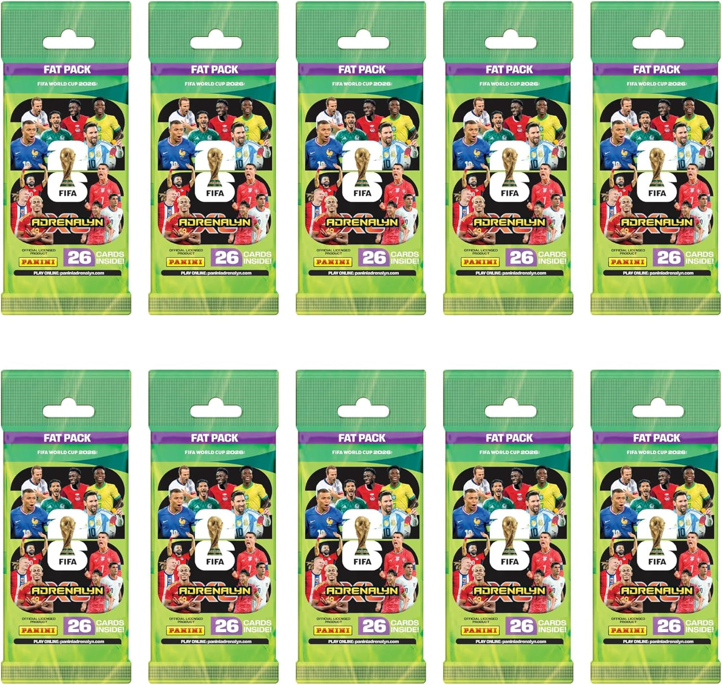 Panini FIFA World Cup 2026 Adrenalyn XL Fat Pack Trading Cards, 26 Cards Per Pack No Duplicates Inside, Official Football Collectible Cards, Single Pack or Box Option, Age 6+