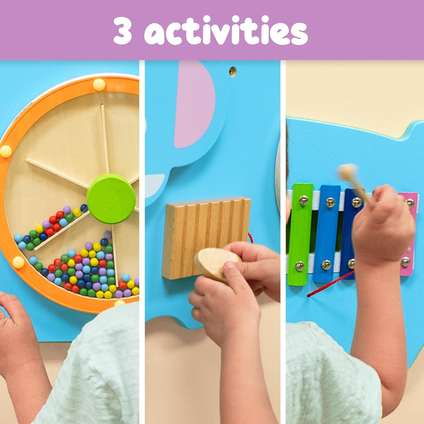 Viga Elephant Wall Panel, Montessori Wooden Sensory Activity Board, Develops Logic, Motor Skills & Hand-Eye Coordination, Eco-Friendly & Non-Toxic Educational Toy, for Boys & Girls 18M+