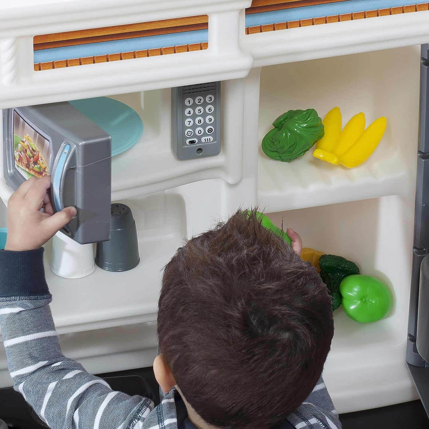 Step2 Custom Kitchen Refresh, Interactive Roleplay Kitchen Set with Lights Sounds Storage Accessories, Pretend Cooking Toy for Kids Boys and Girls Age 2 to 6, Tan