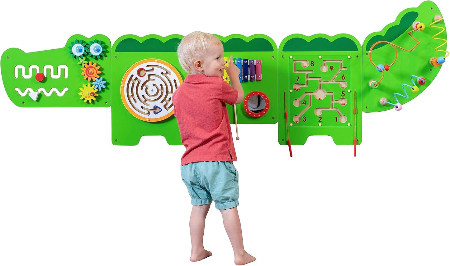 Viga Large Crocodile Activity Panel, 5-in-1 Montessori Wooden Wall Toy, Sensory Learning Board for Brain & Motor Skill Development, Eco-Friendly Educational Toy, for Boys & Girls 18M+