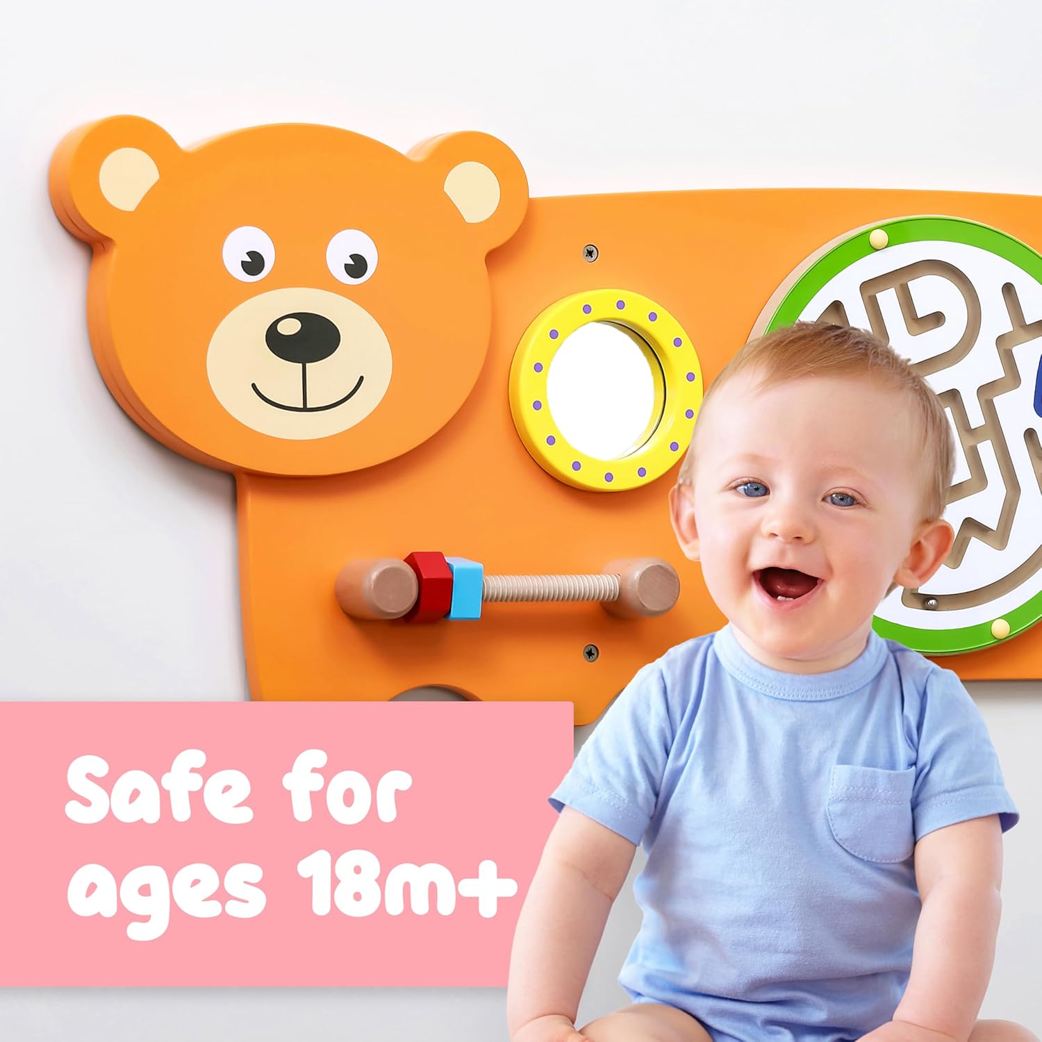 Viga Bear Activity Board, Montessori Wooden Wall Toy, Sensory Learning Panel for Brain & Motor Skill Development, Eco-Friendly & Space-Saving Educational Toy, for Boys & Girls 18M+