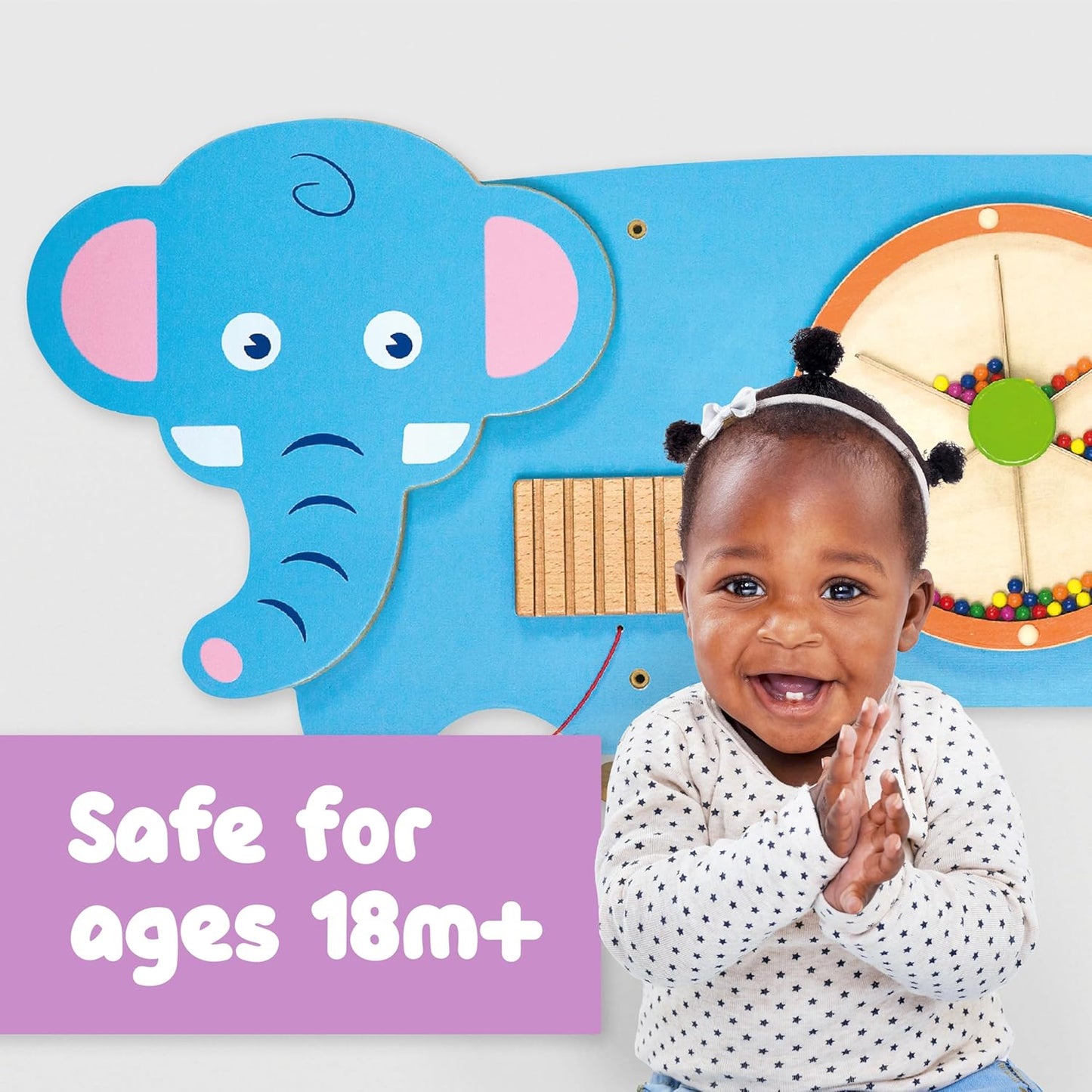 Viga Elephant Wall Panel, Montessori Wooden Sensory Activity Board, Develops Logic, Motor Skills & Hand-Eye Coordination, Eco-Friendly & Non-Toxic Educational Toy, for Boys & Girls 18M+