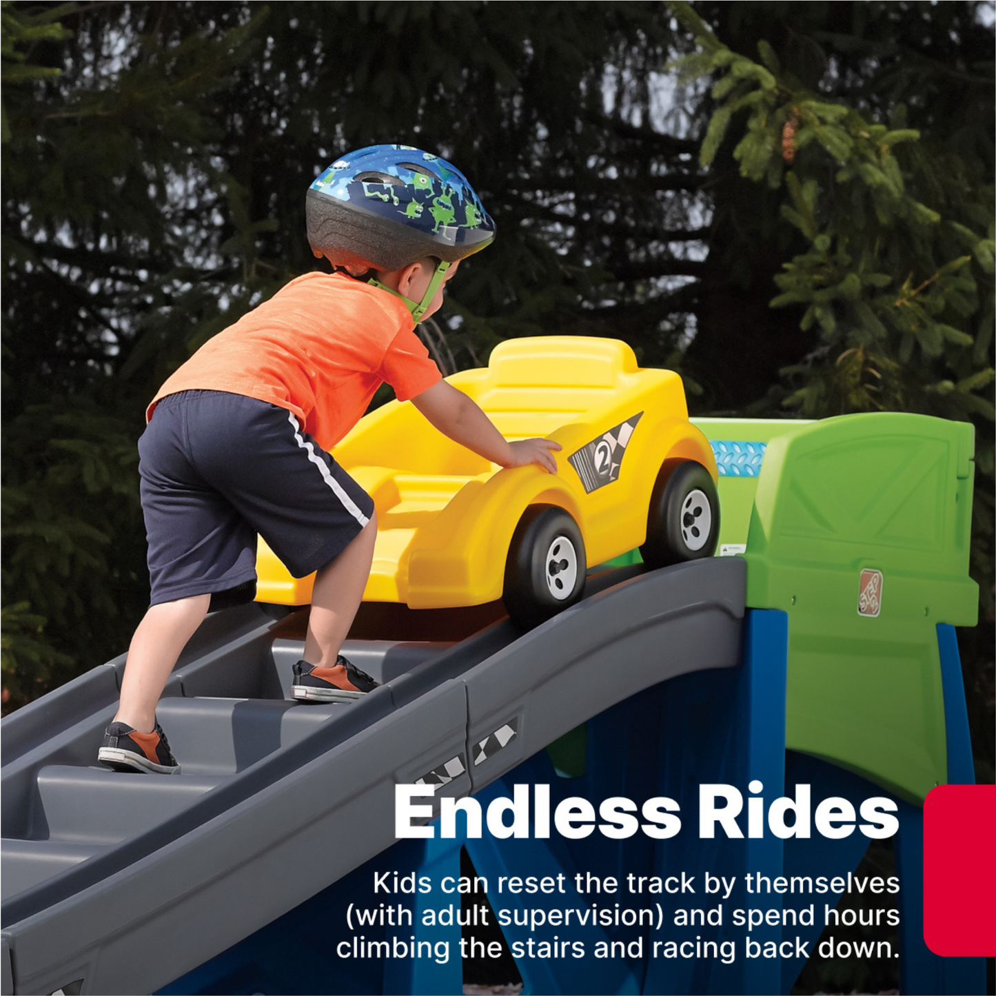 Step2 Extreme Coaster, 9 ft Indoor and Outdoor Toy with Coaster Car, 36 kg Weight Capacity Push Ride On Toy, Single Car with Holding Grips and Foot Rest, Suitable for Boys and Girls Aged 3+