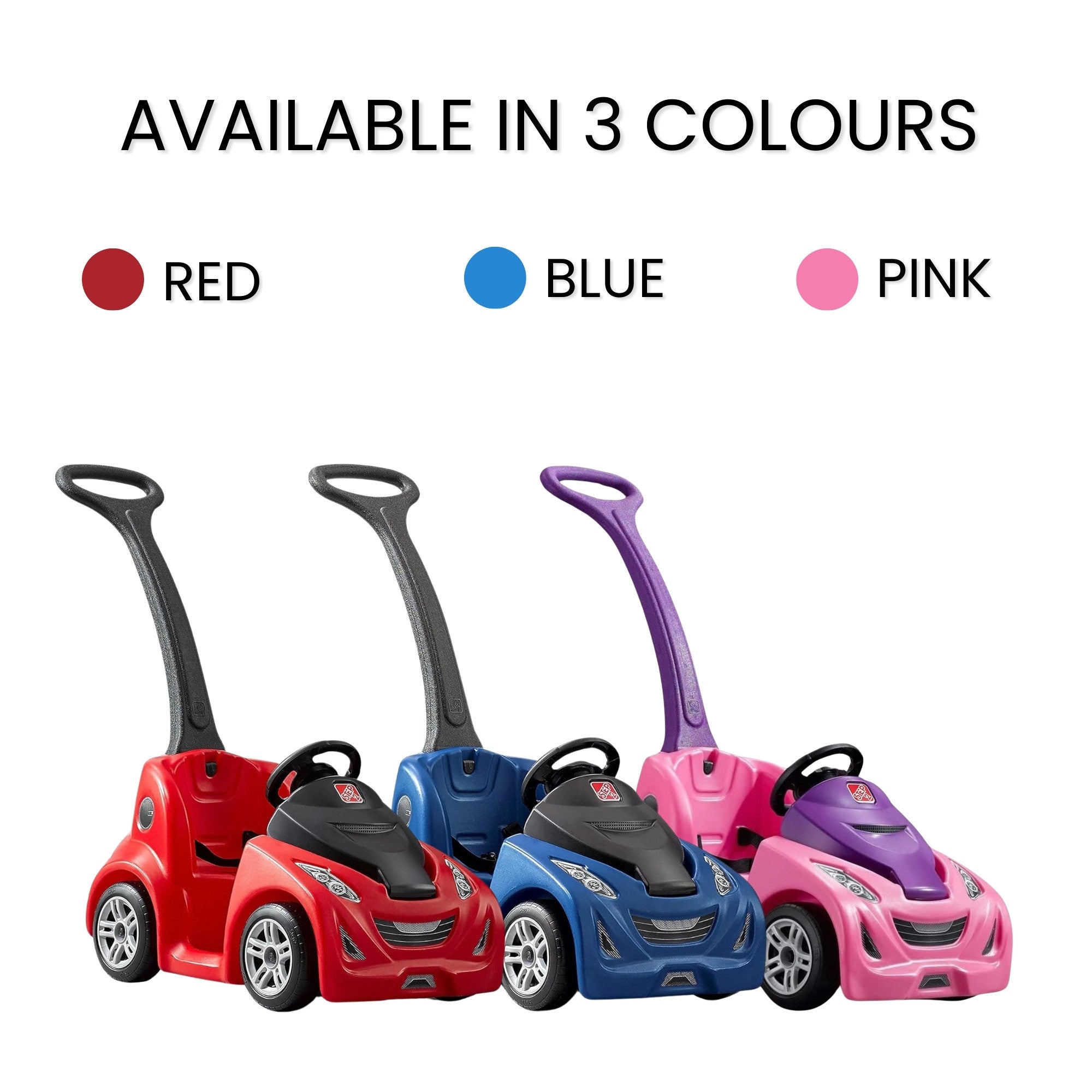Step2 Buggy GT, Single Seater Kids Push Car, Easy to Store Ride On Toy with Seatbelt, Horn and Storage Trunk, Suitable for Children both Boys and Girls Aged 18m and Above, Pink, Red, Blue