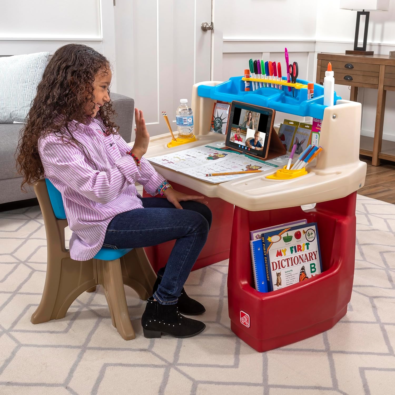 Step2 Deluxe Art Master Desk with Chair for Kids, Large Creative Art Table with Storage Compartments, Dry Erase Drawing Surface, Toddler and Preschool Art Furniture, Multi Colour, 3 Years+
