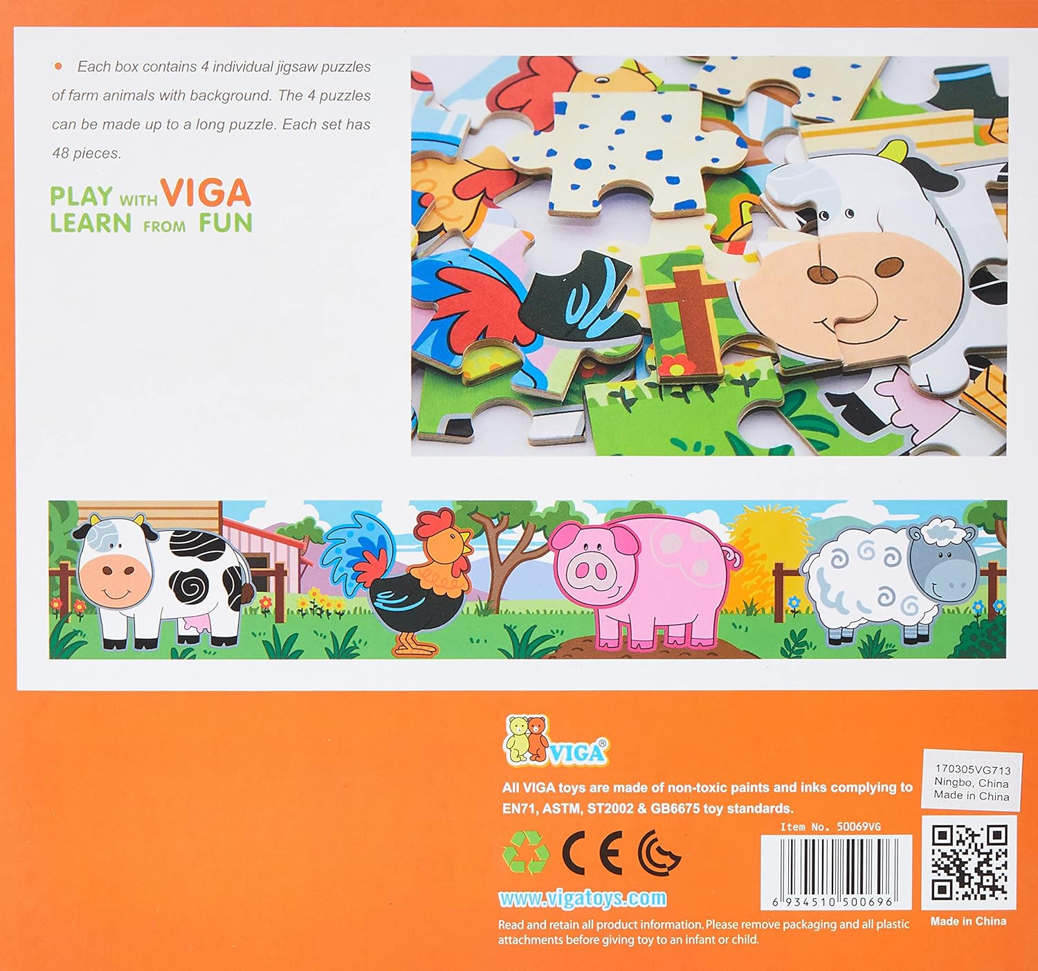 Viga Farm Set, 48 Piece Jigsaw Puzzle, Montessori Wooden Toy, Develops Sensory, Cognitive & Fine Motor Skills, Non-Toxic & Eco-friendly Kids Educational Toy, Suitable for Boys and Girls Aged 2Y+