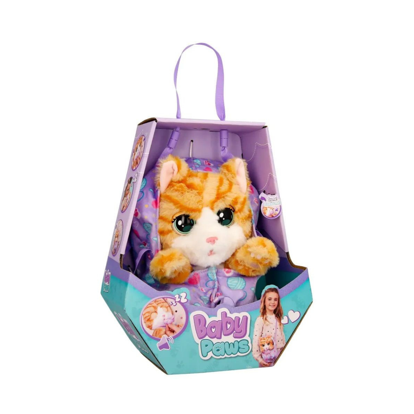 BABY PAWS Sleeping Cats, Kitty, 8.5 Inch Interactive Plush Toy Kitten with Carry Bag, Kids Pretend Play Toy with Sound Effects, Suitable for Both Boys and Girls Aged 3+