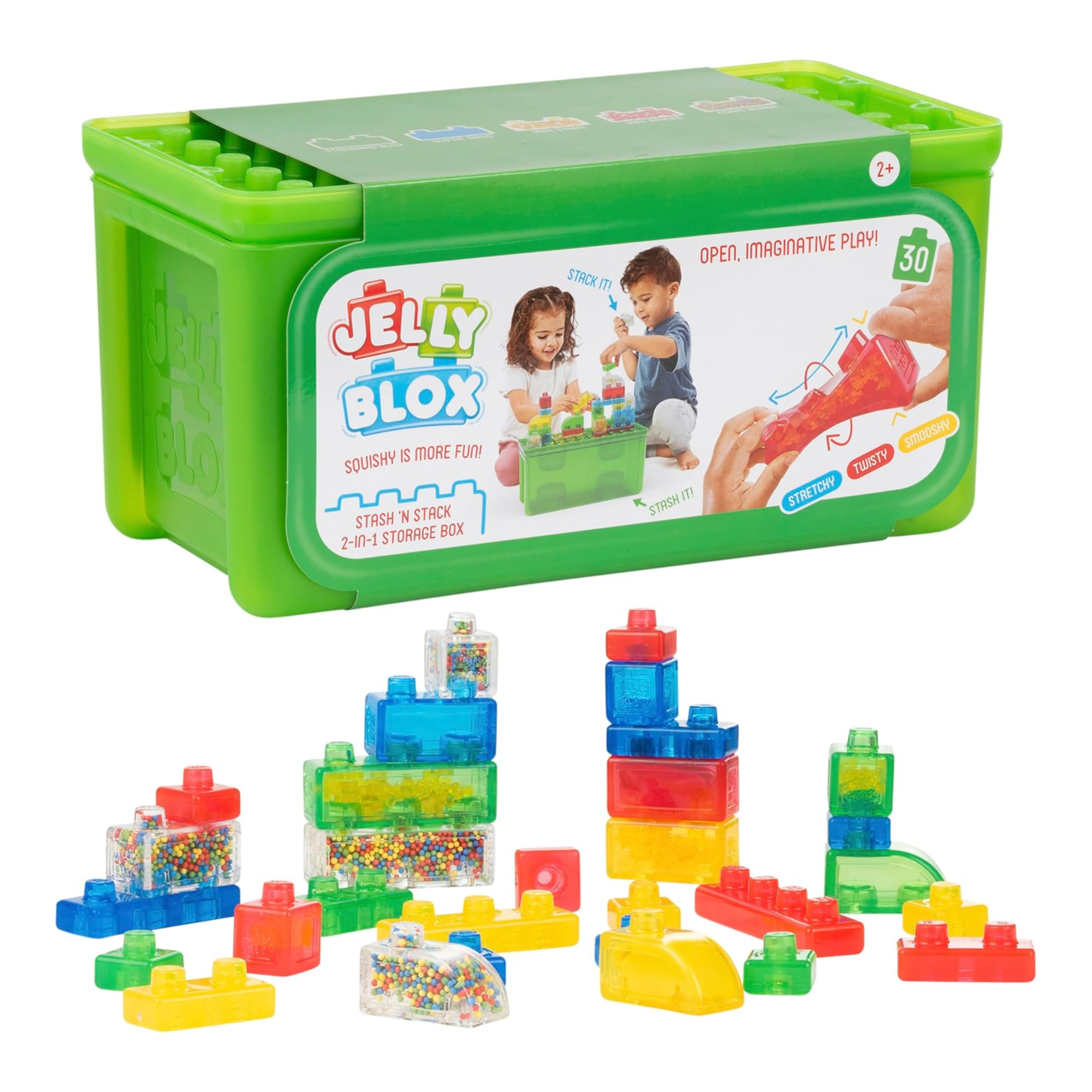 Jelly Blox Stash 'N Stack 2-in-1 Storage Case Including 30 Blocks, Toddler & Preschool Building Blocks Kids Can Squeeze & Stretch, Safety Tested & Ouch-Free, Tactile, Sensory Play Toy for Ages 2+