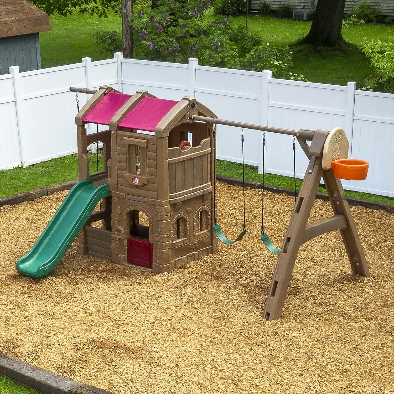 Step2 Adventure Lodge Play Center Climber and Slide, Two Story Clubhouse with Swings and Rope Ladder, Outdoor Playset for Kids 3+