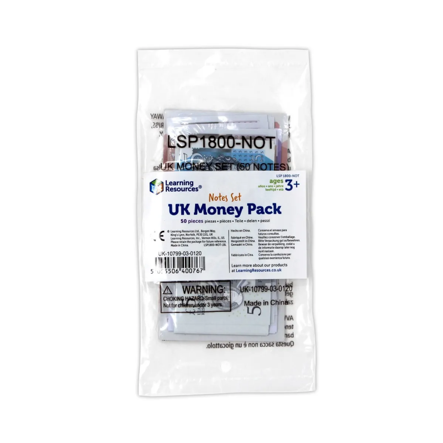 Learning Resources UK Money Set, 50 Single-Sided Play Notes Approved by HM Treasury, Realistic Educational Toy Currency, Ages 3+