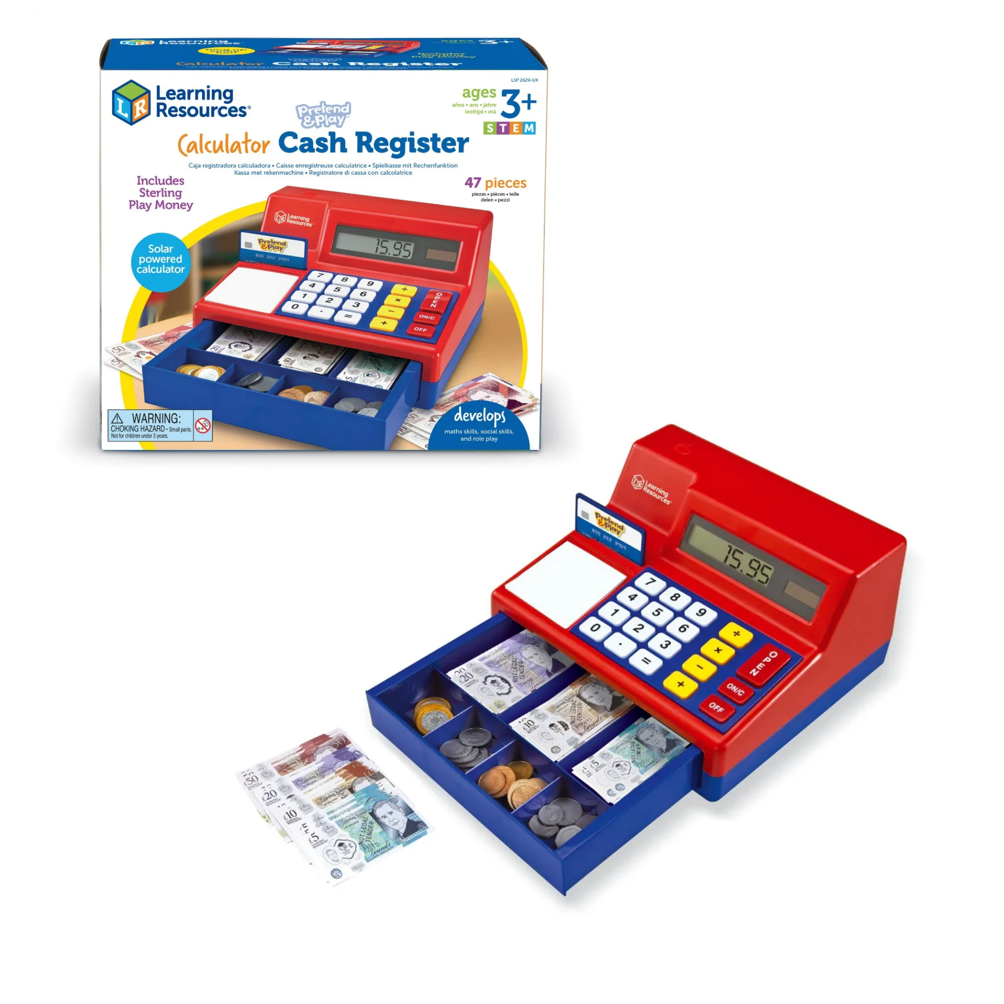 Learning Resources Pretend & Play Calculator Cash Register, UK Currency Toy Till with Play Money & Credit Card, Solar-Powered Calculator for Early Maths & Money Skills, Ages 3+