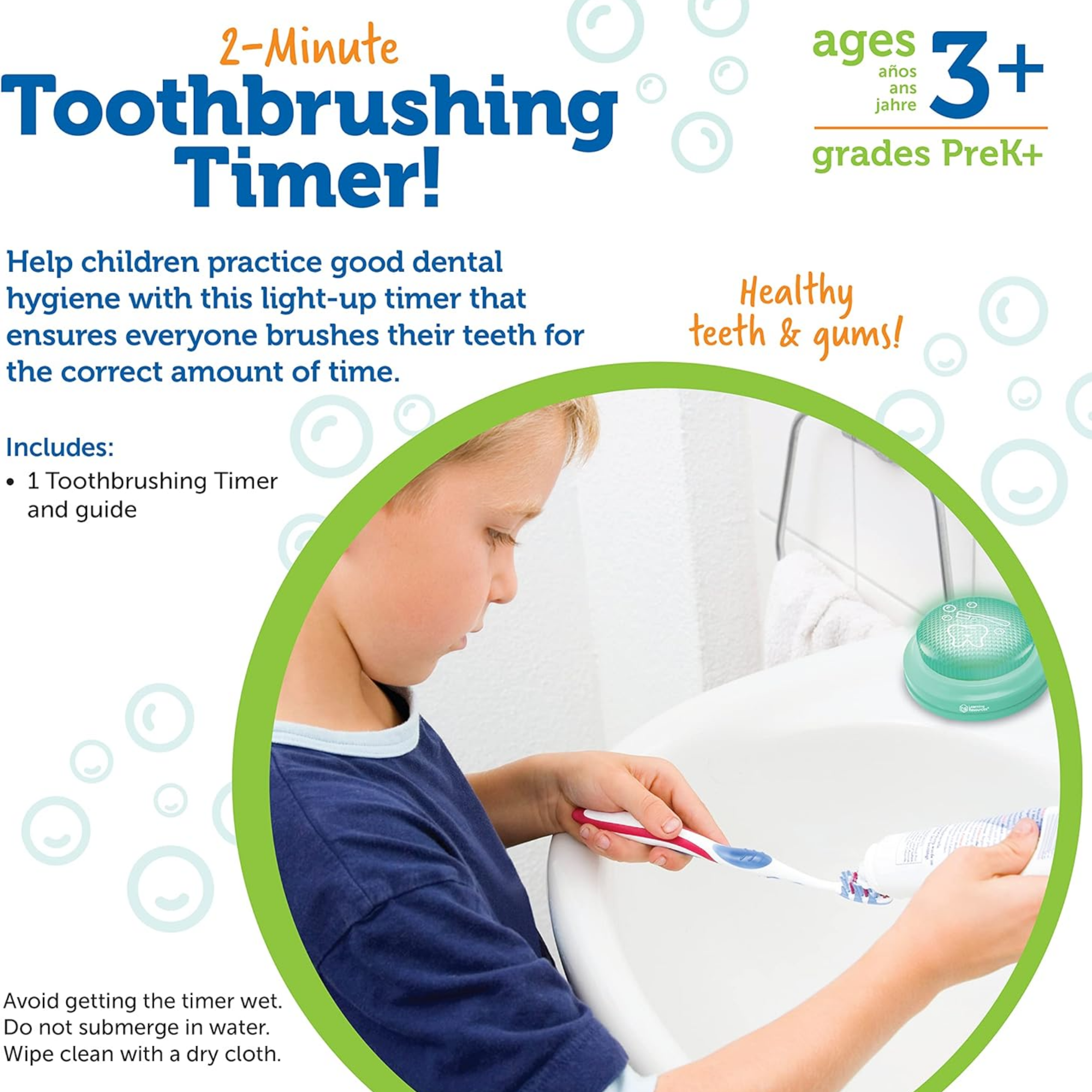 Learning Resources 2-Minute Toothbrush Timer, Fun Light-Up Timer for Kids to Encourage Healthy Brushing Habits, Includes Multilingual Guide