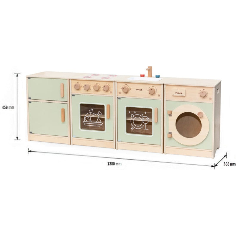 PolarB Sage Green Wooden Toddler Kitchen Playset for Ages 18 Months and Up, Includes Fridge, Stove, Sink, Dishwasher and Washing Machine, Encourages Imaginative and Social Play