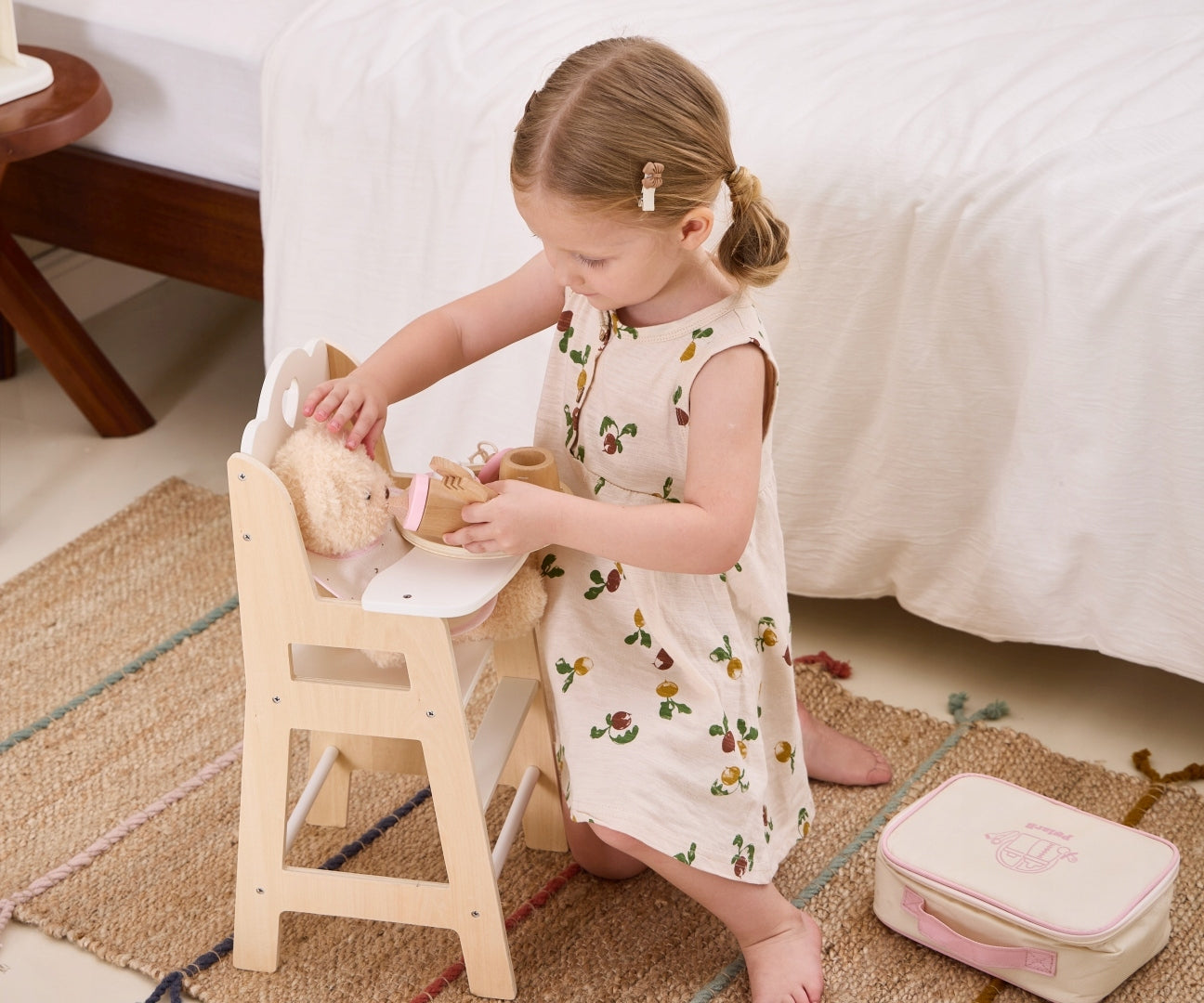 PolarB Wooden Doll Feeding High Chair, Fits Dolls Up to 38 cm, Encourages Role Play and Creativity, Solid Wood Toy for Ages 3+